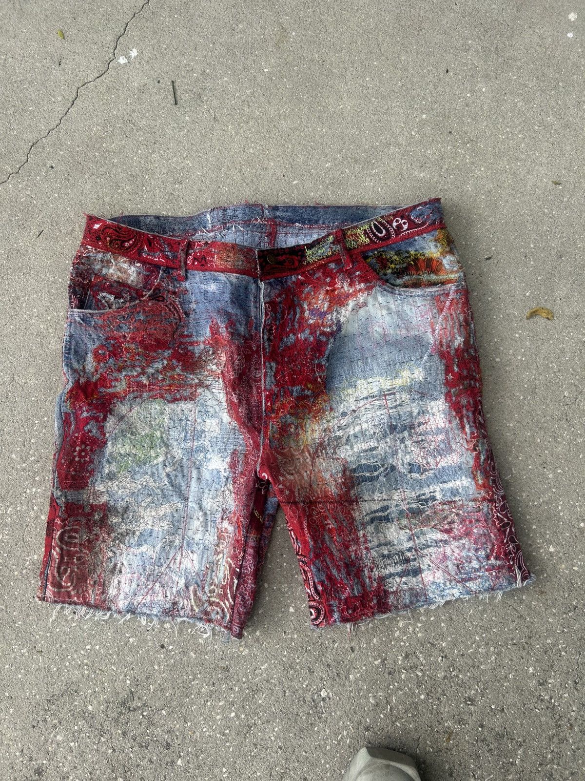 1/1 Your World patchwork boro red bandan denim shorts
