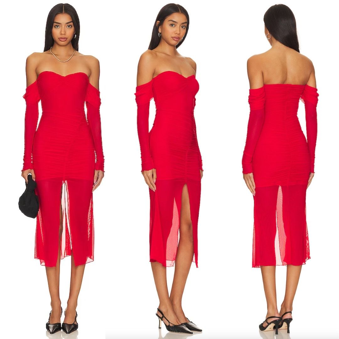 image of Majorelle | Elise Cherry Red Mesh Ruched Midi Dress S, Women's (Size Small)