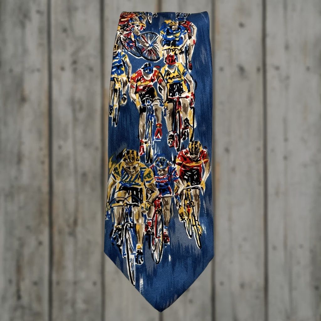 Lands' End Lands' End 100% Silk Men’s Necktie Cyclists Racing Theme 3 5/8x60 Made USA Blue Tie Mens Silk Neckwear Long 60" (3 5/8") Size ONE SIZE - 1 Thumbnail