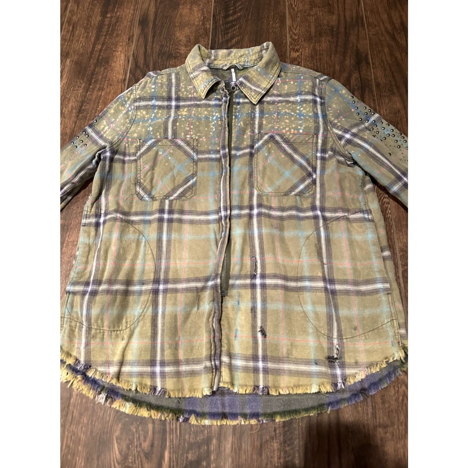 Free People Free People Deconstructed Jacket Adult Medium Green Plaid Zip Up Cotton Womens Size M / US 6-8 / IT 42-44 - 4 Thumbnail