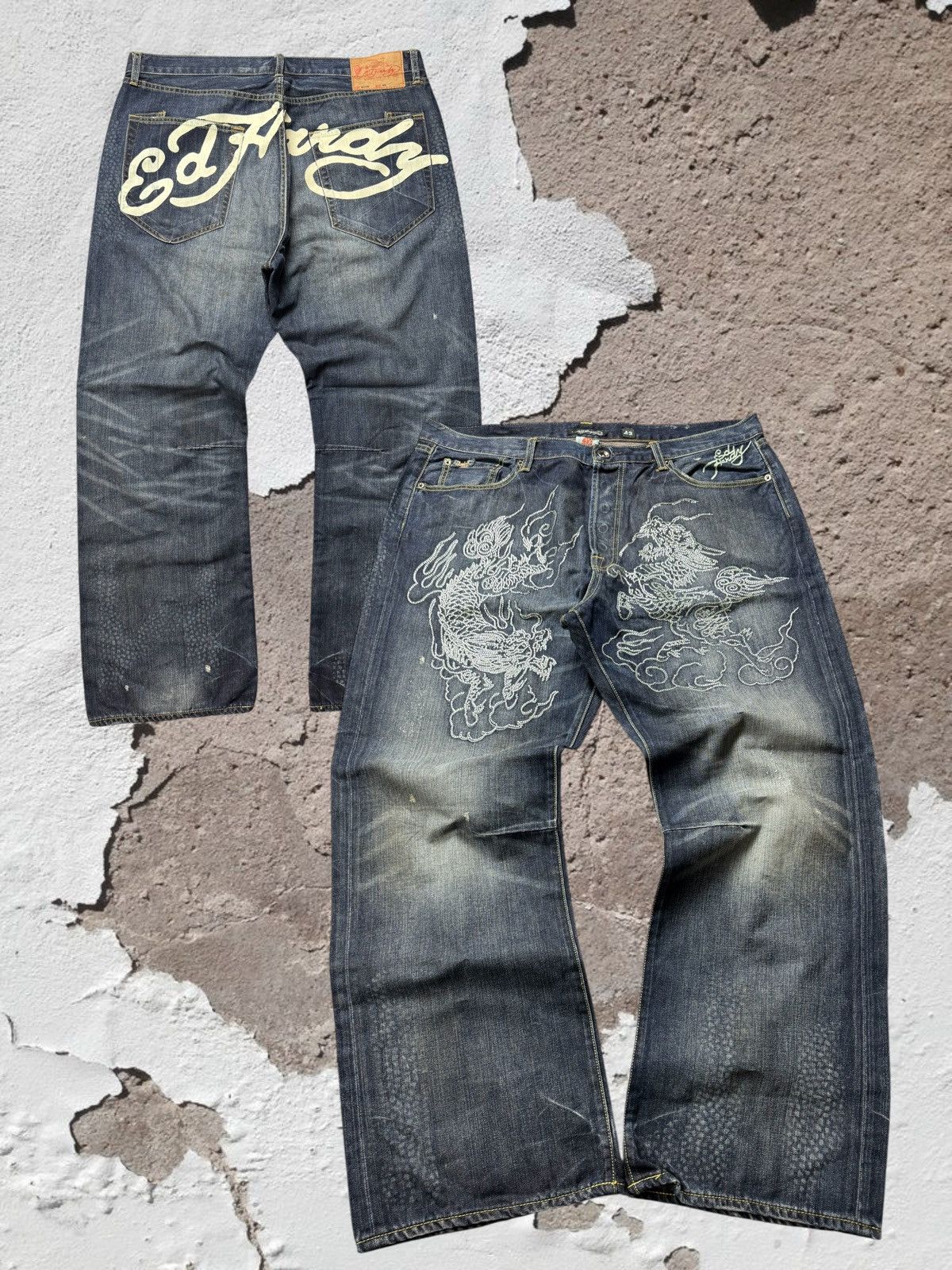 Ed Hardy Ed Hardy VNTG MultiLogo Rhistones Dragos Logo Jeans Pants Size US 42 / EU 58 - 1 Thumbnail
