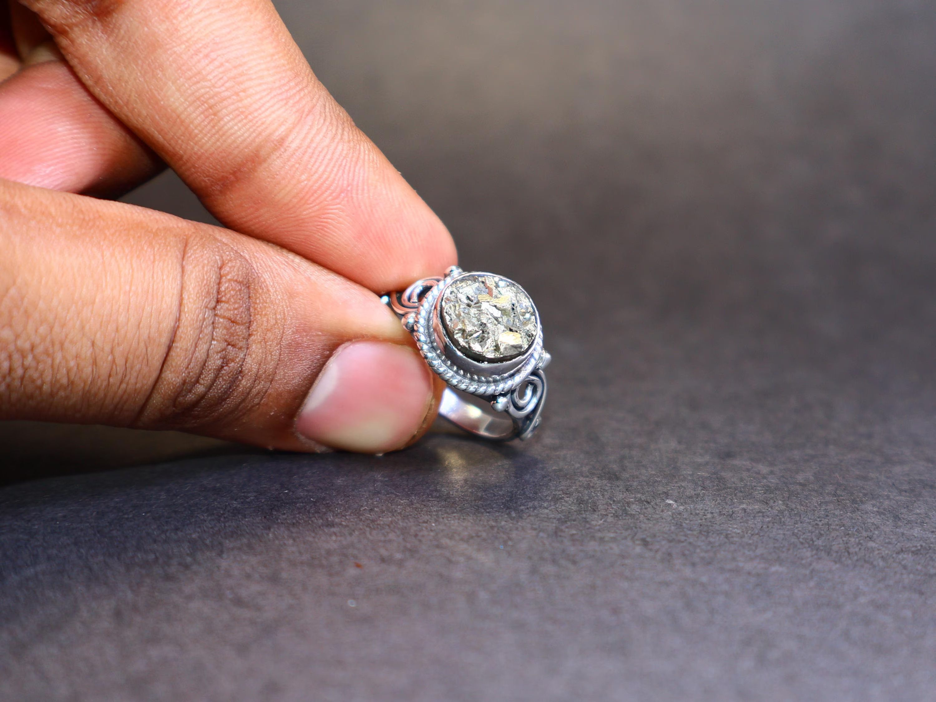 Handmade Pyrite ring, Round shape ring, Sterling Silver Handmade Ring Size ONE SIZE - 7 Thumbnail