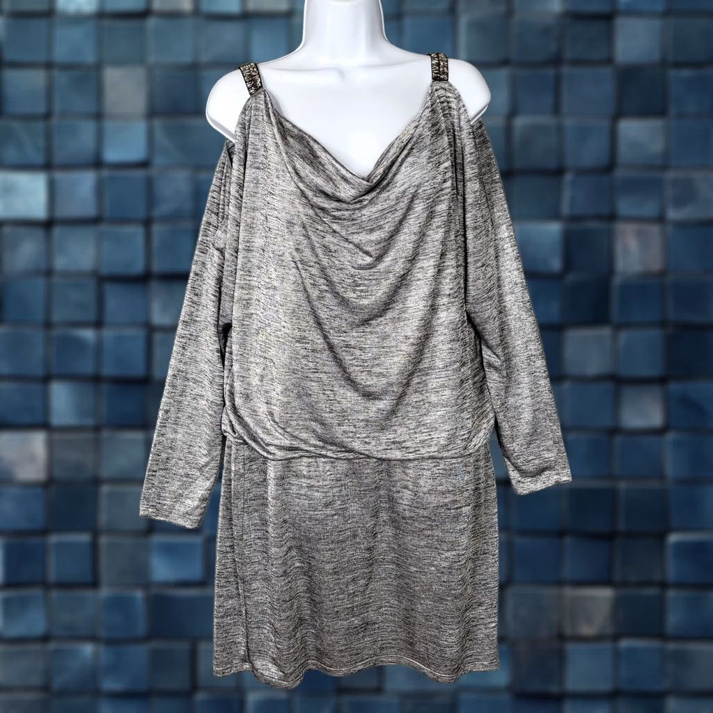 White House Black Market White House Black Market Dress Women’s gray knit Cold shoulder Boat Neck A-Line Above knee XS? Size M Gray Casual Size M / US 6-8 / IT 42-44 - 1 Thumbnail