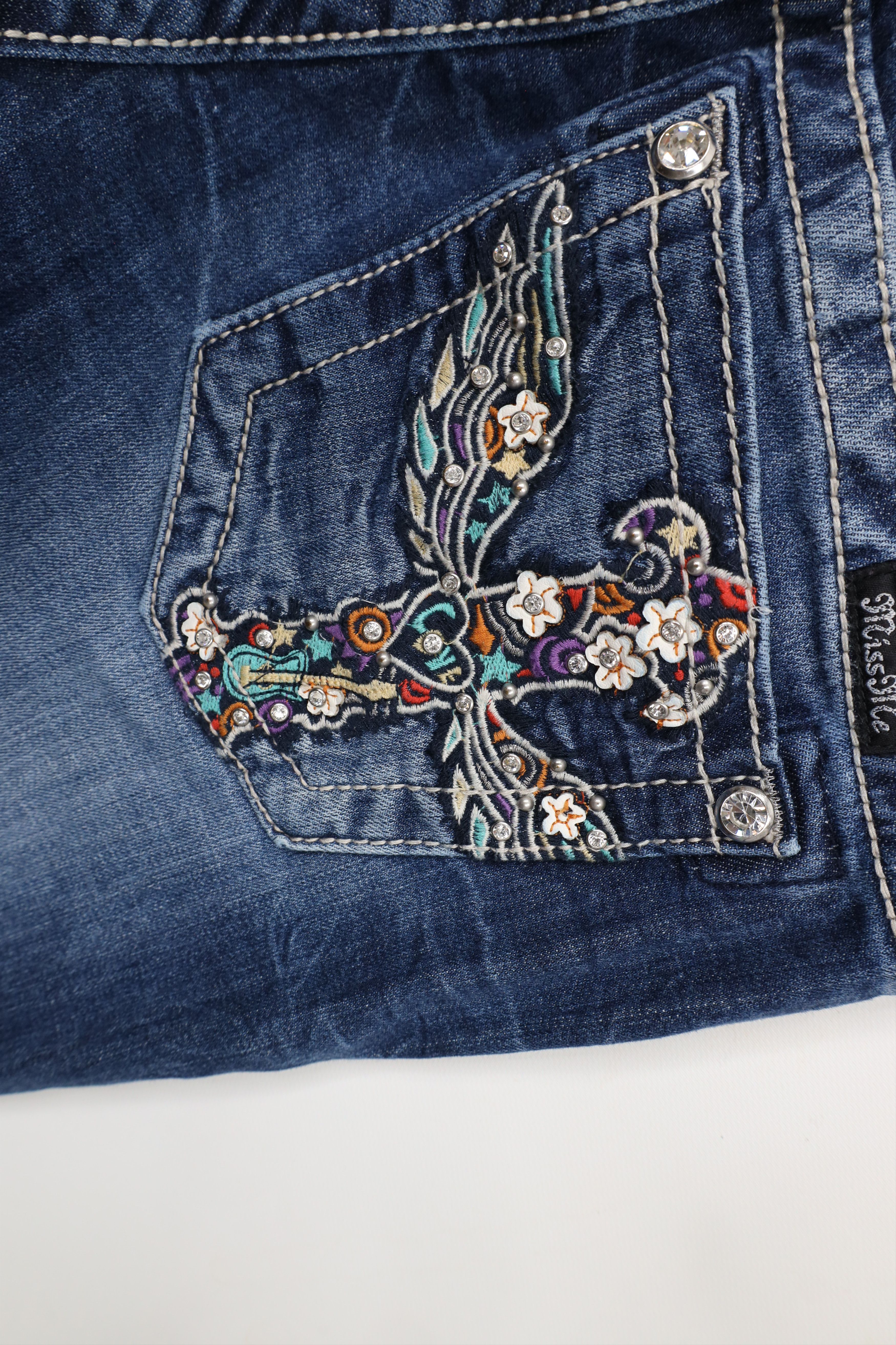 Miss Me × Vintage Miss Me Rainbow Cross Thick Stitch Signature Bootcut Jeans Size 29" - 13 Thumbnail