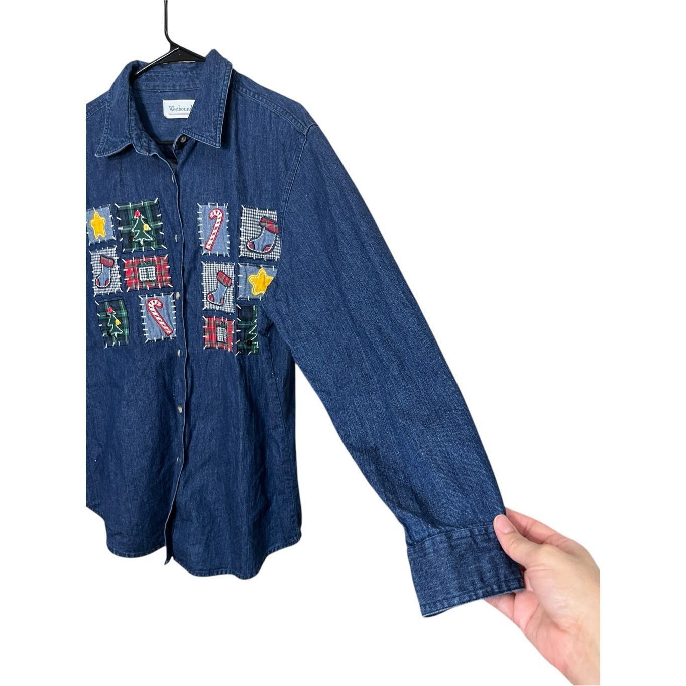 Other Vintage Westbound 90s Christmas Patchwork Embroidery Denim Shirt Large Size L / US 10 / IT 46 - 4 Thumbnail
