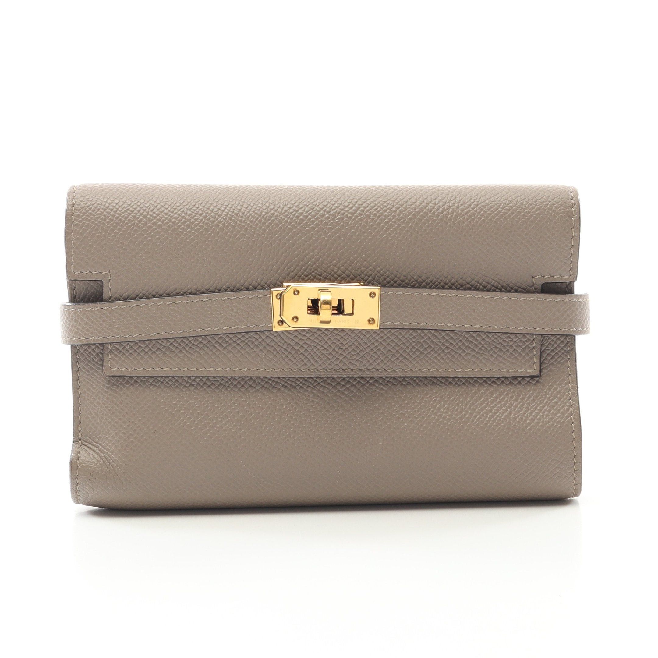 Hermes Kelly Wallet Medium Grease Asphalt Trifold Veau Epsom Gray Beige Gold Hardware C Engraved