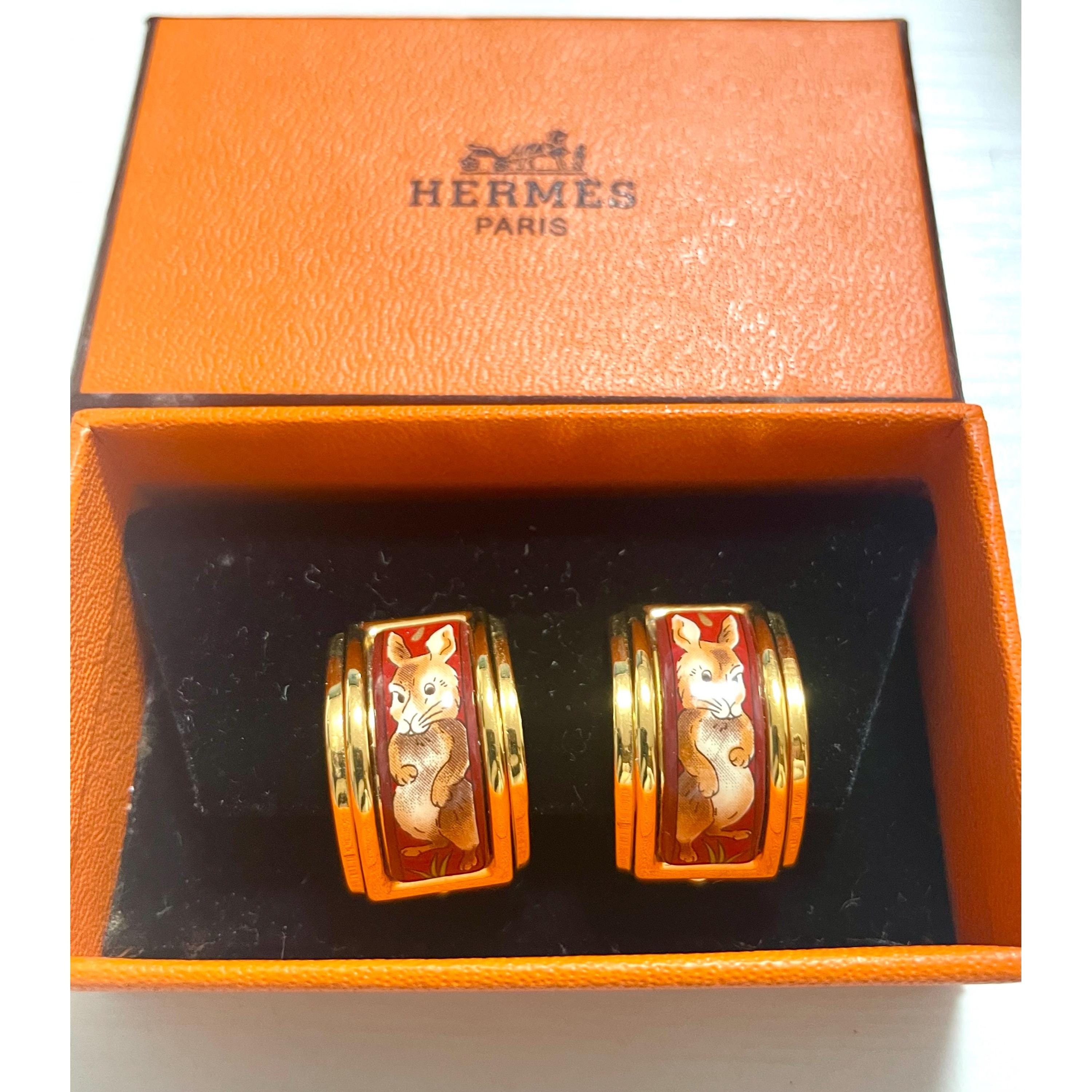 Hermes Vintage Hermes cloisonne enamel golden earrings with rabbit, Size ONE SIZE - 2 Thumbnail