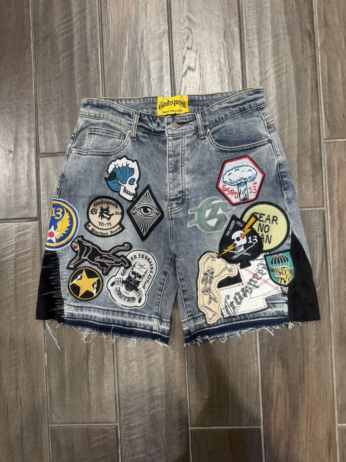 Godspeed Godspeed Patchwork Brand Boom Denim Shorts Blue Size US 34 / EU 50 - 1 Thumbnail