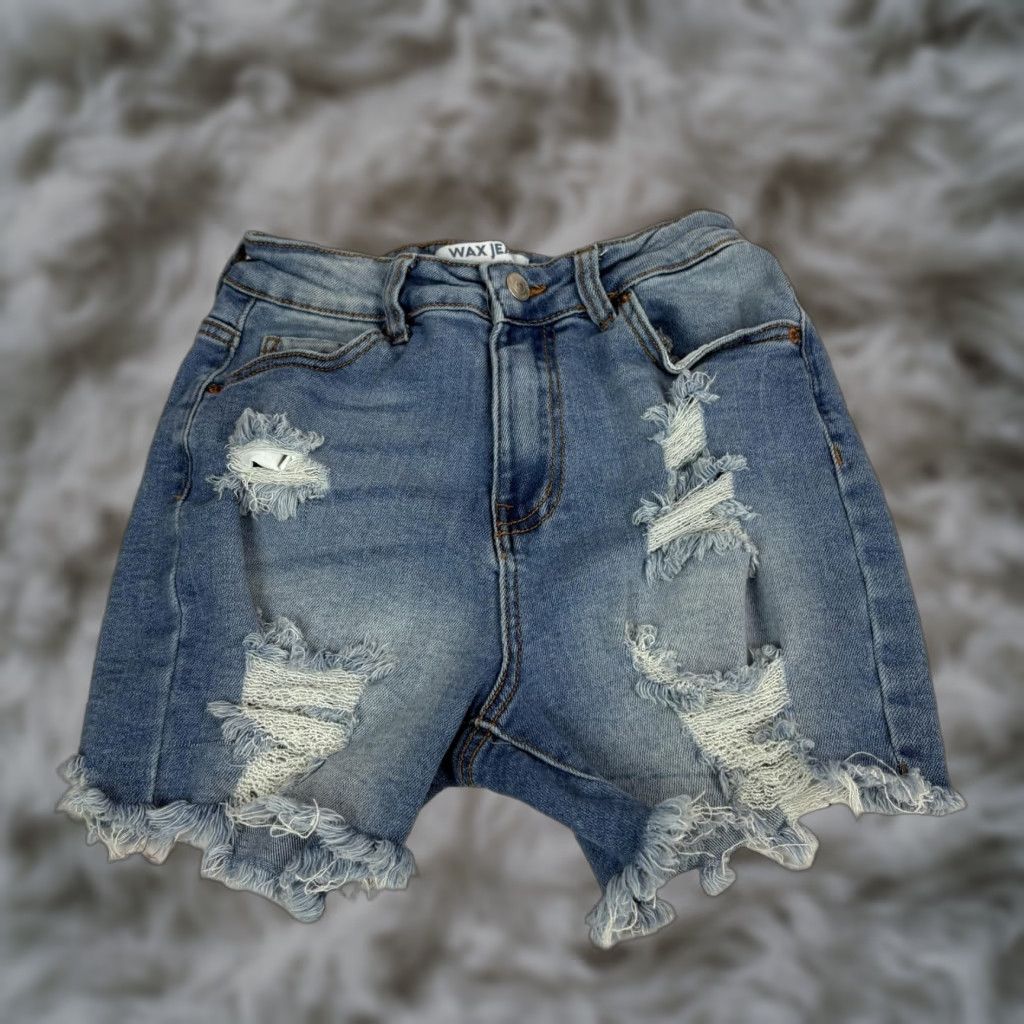 Denime Wax Jean Shorts Womens Small Blue Distressed Denim Cutoff Fringe Raw Hem Size 28" / US 6 / IT 42 - 1 Thumbnail