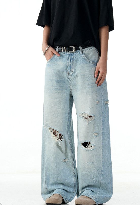Jean American retro washed blue ripped straight jeans Size US 32 / EU 48 - 2 Thumbnail