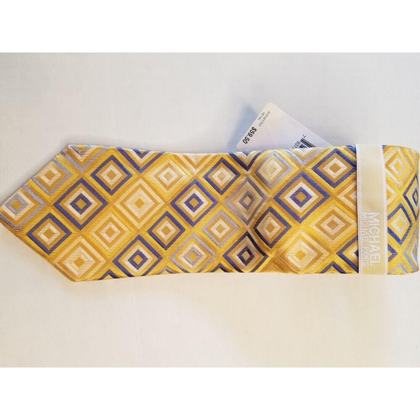 Michael Kors Michael Kors Neck Tie NWT Gold Blue Squares Diagonal Pattern Size ONE SIZE - 1 Thumbnail