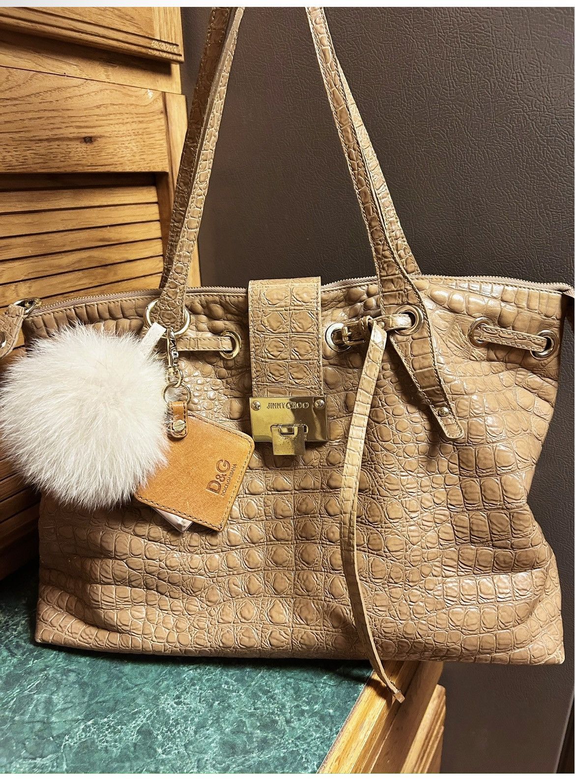 Jimmy Choo Authentic JIMMY CHOO Tan Croc Embossed Leather Rhea Tote Bag Size ONE SIZE - 3 Thumbnail