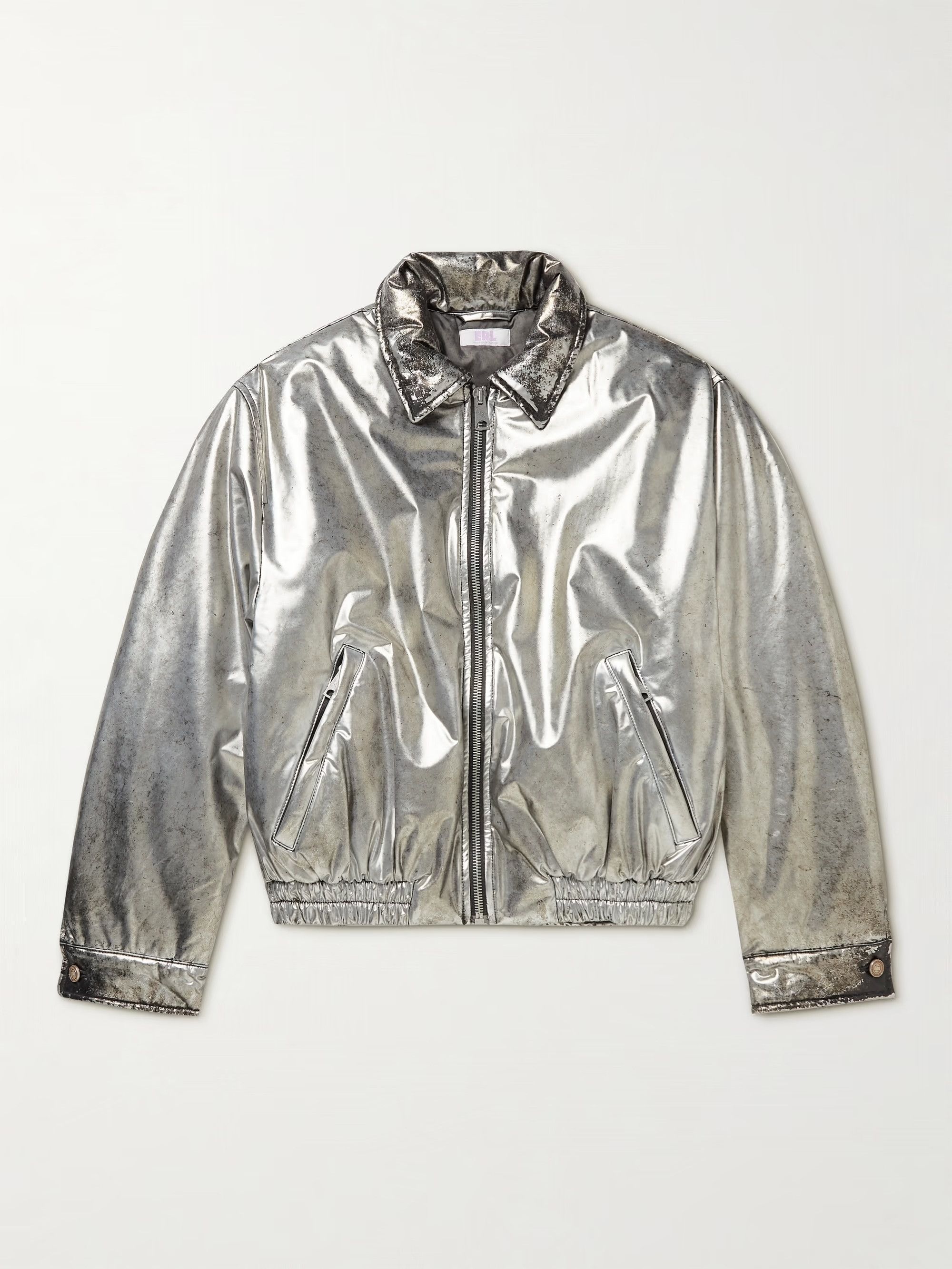 Distressed Metallic PU Bomber Jacket