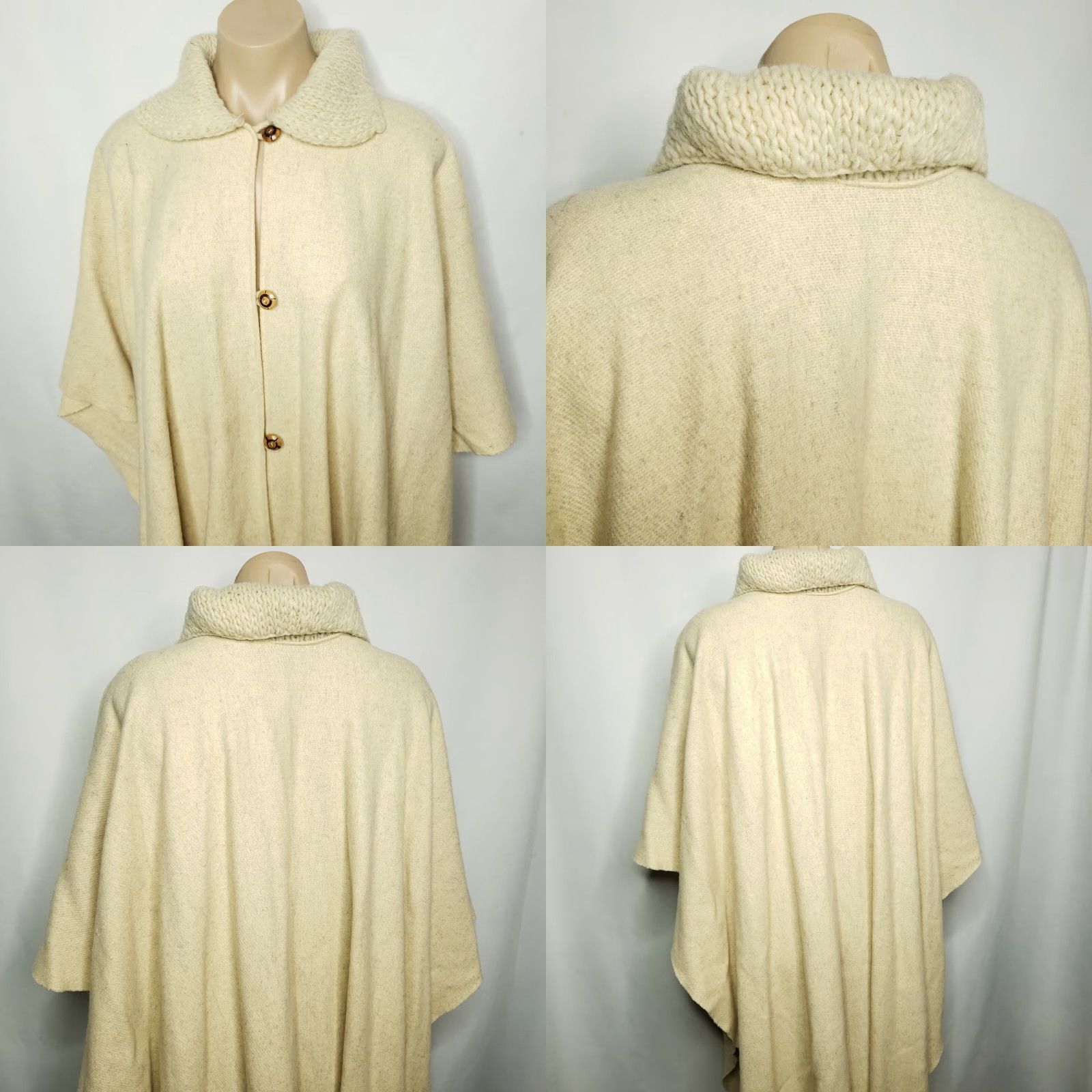 Vintage VINTAGE Beige Oatmeal Wool Blanket Poncho Cape Cream Sweater Knit Collar One Size Womens M? Size ONE SIZE - 8 Thumbnail