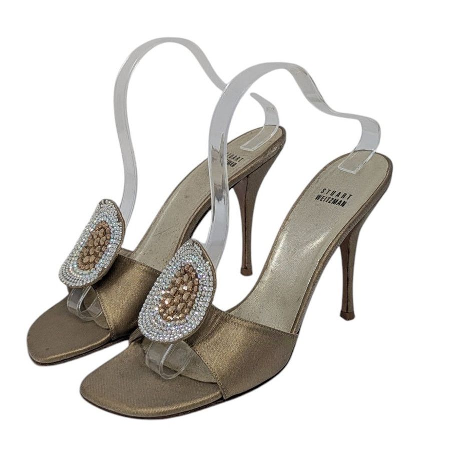 Stuart Weitzman Slip On Rhinestone Trimmed Heel Shoes Sandals in Gold, Women's (Size 8)