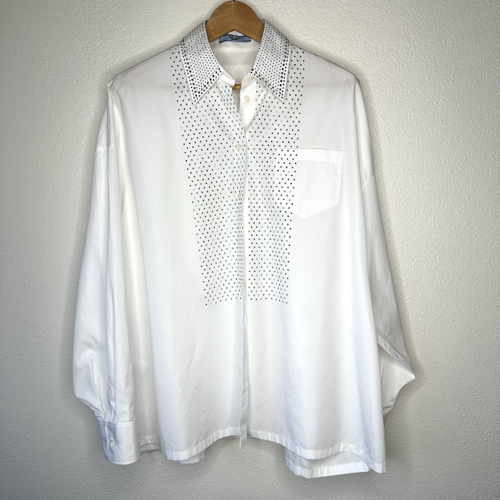 Prada Prada White Button Rhinestone Encrusted Collar & Front Shirt Size L / US 10 / IT 46 - 21 Thumbnail
