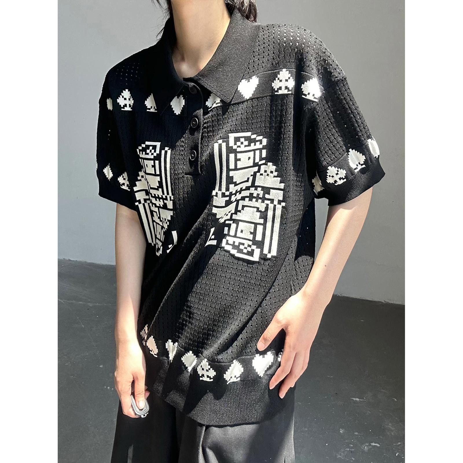 Black Knit Polo Shirt with Graphic Print, Relaxed Fit