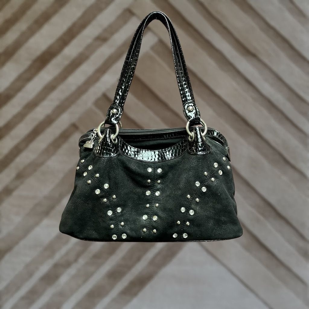 Crocs VINTAGE Kathy Van Zeeland Y2K McBling Studded Purse Bag Black Croc Faux Leather Glam Shoulder Bag Womens Size ONE SIZE - 1 Thumbnail