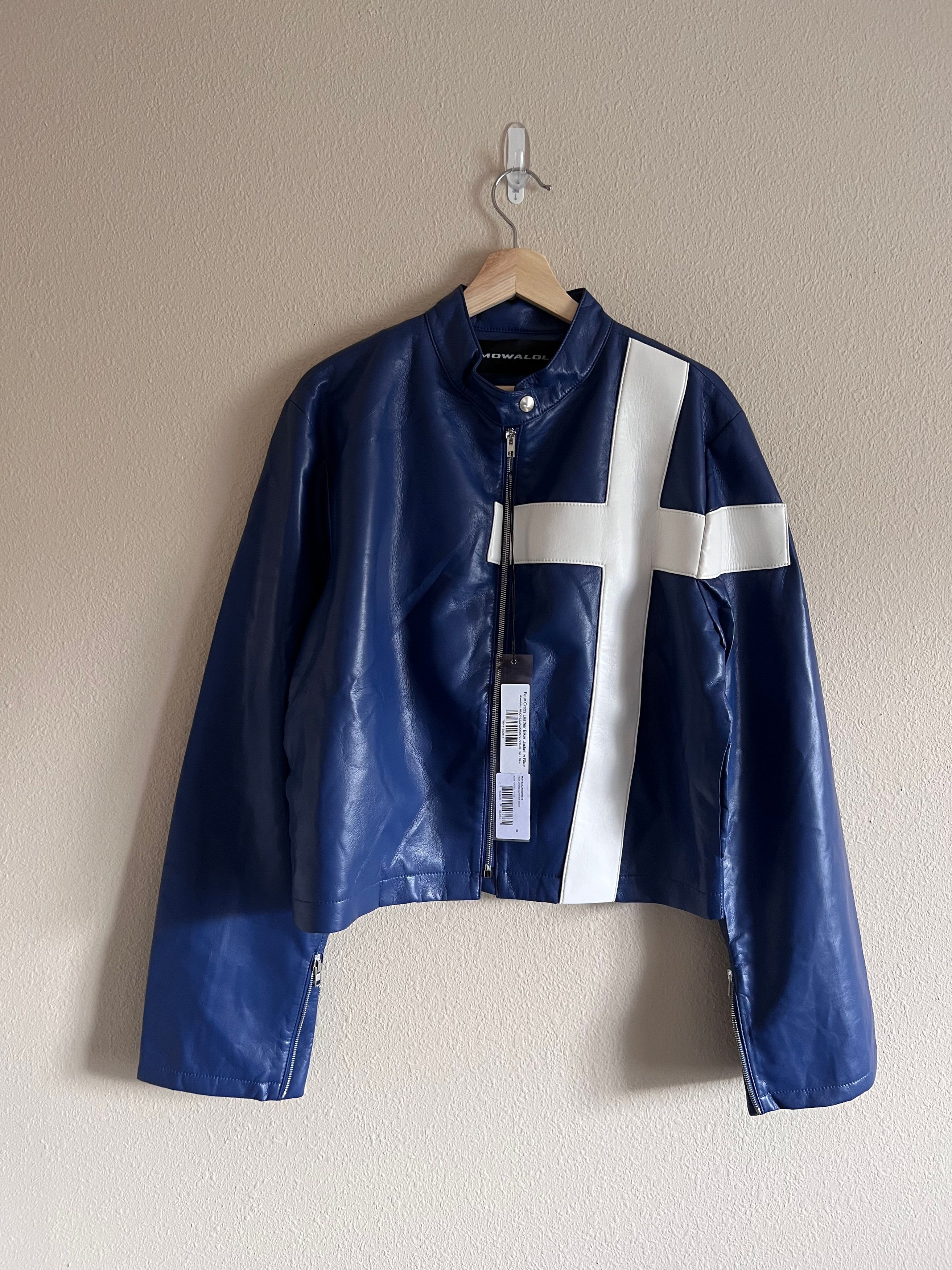 Pre-owned Mowalola Faux Cross Leather Biker Jacket In Blue