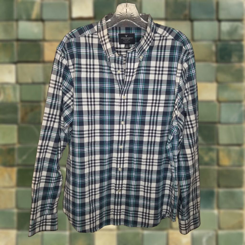 American Eagle Outfitters American Eagle Mens Button-Up Shirt Long Sleeve Plaid Blue Size L Classic Fit Men Size US L / EU 52-54 / 3 - 1 Thumbnail