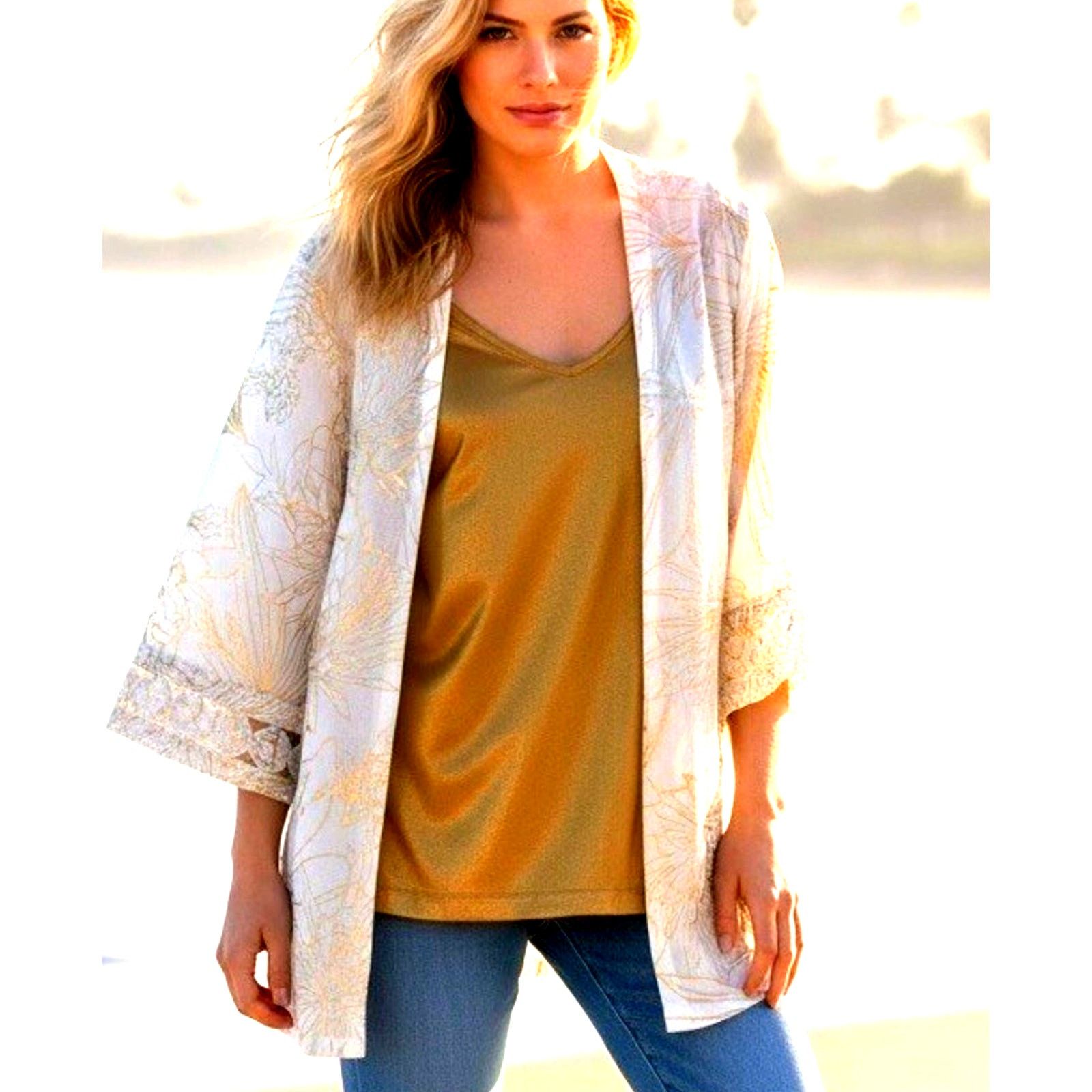 Chicos Chico's 2pc Set White Floral Cardigan Kimono Gold Metallic L Size XL / US 12-14 / IT 48-50 - 4 Thumbnail