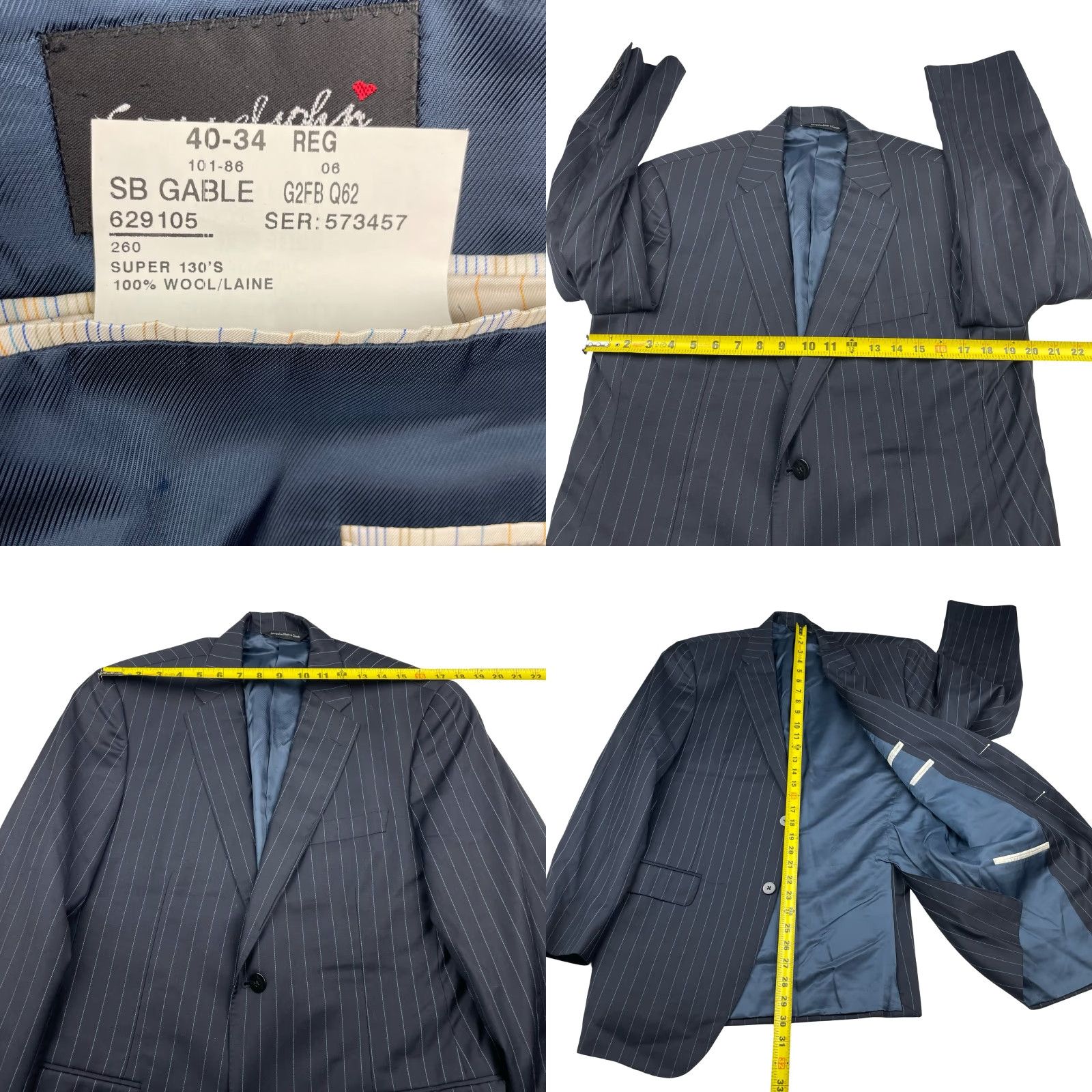 Vintage Samuelsohn Blazer 40R 100% Wool Navy Blue Stripe 2-Button Gable Mens Size 40R - 8 Thumbnail
