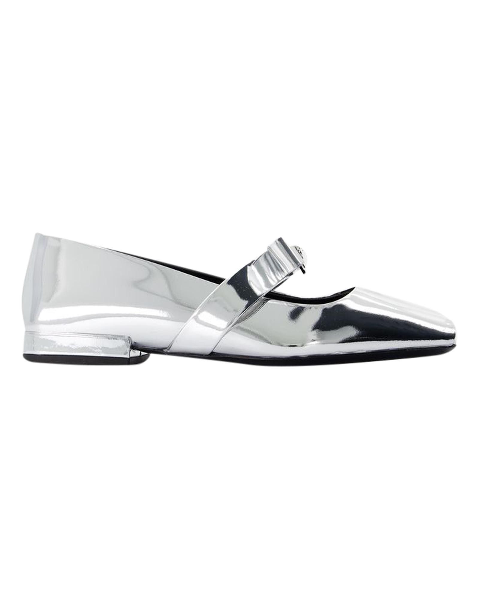 image of Versace Silver Leather Ballerinas With Ankle Strap Buckle And Square Open Toe Shoes in Metallic/Sil