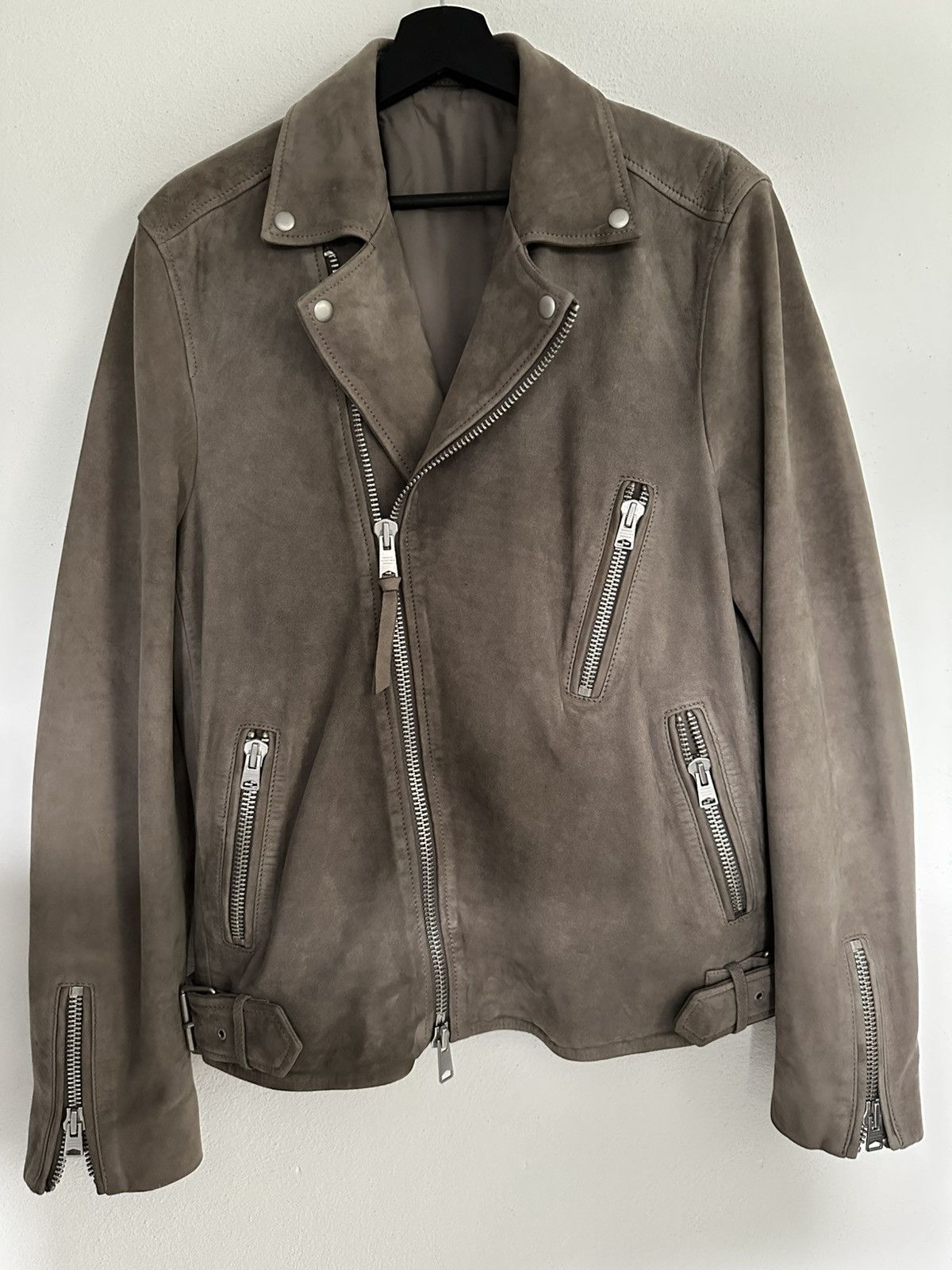 Allsaints „Ellis“ Suede Biker Jacket - Beige/Khaki - Size Medium Size US M / EU 48-50 / 2 - 1 Thumbnail