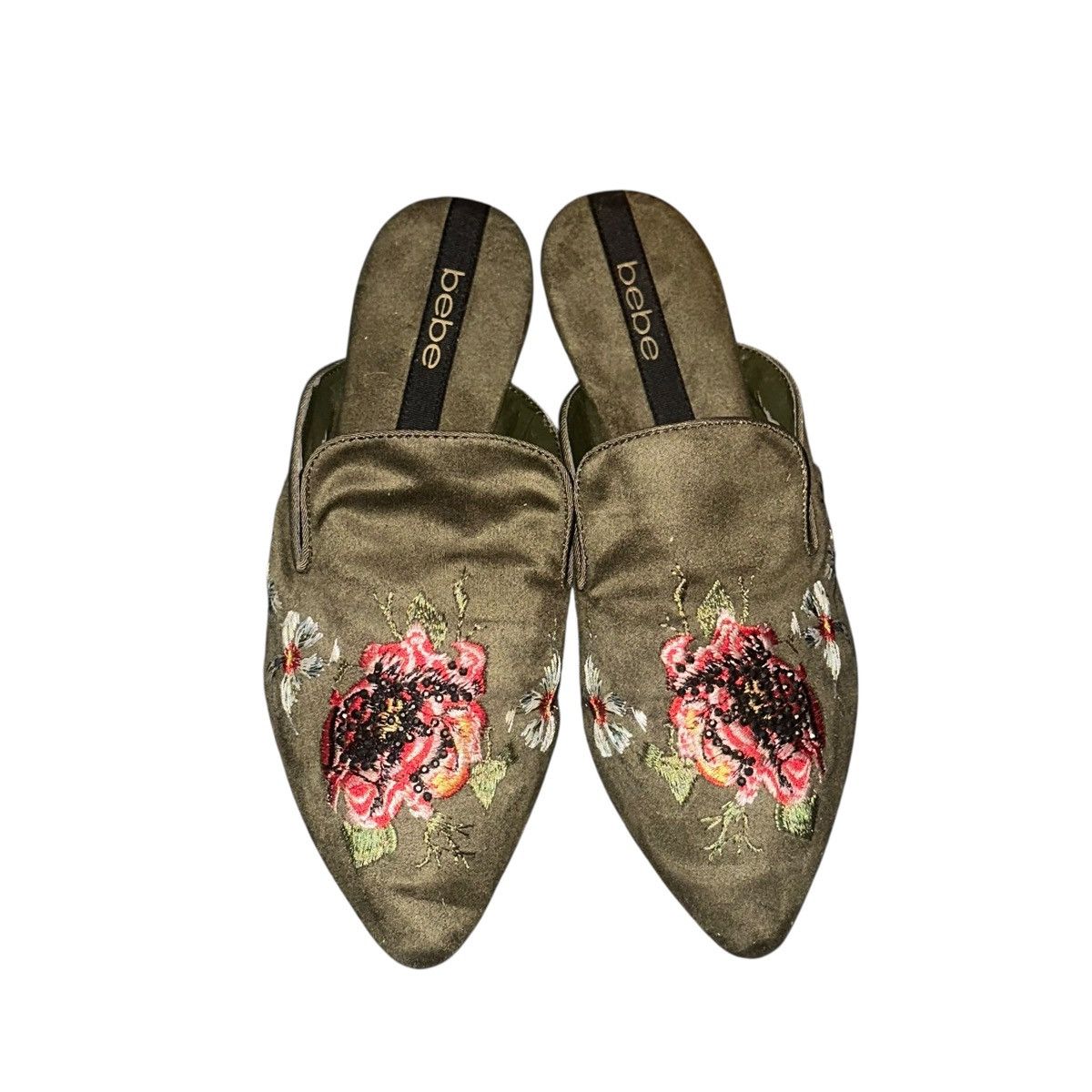 Bebe Bebe embroidered olive green mules Size US 9 / IT 39 - 2 Thumbnail