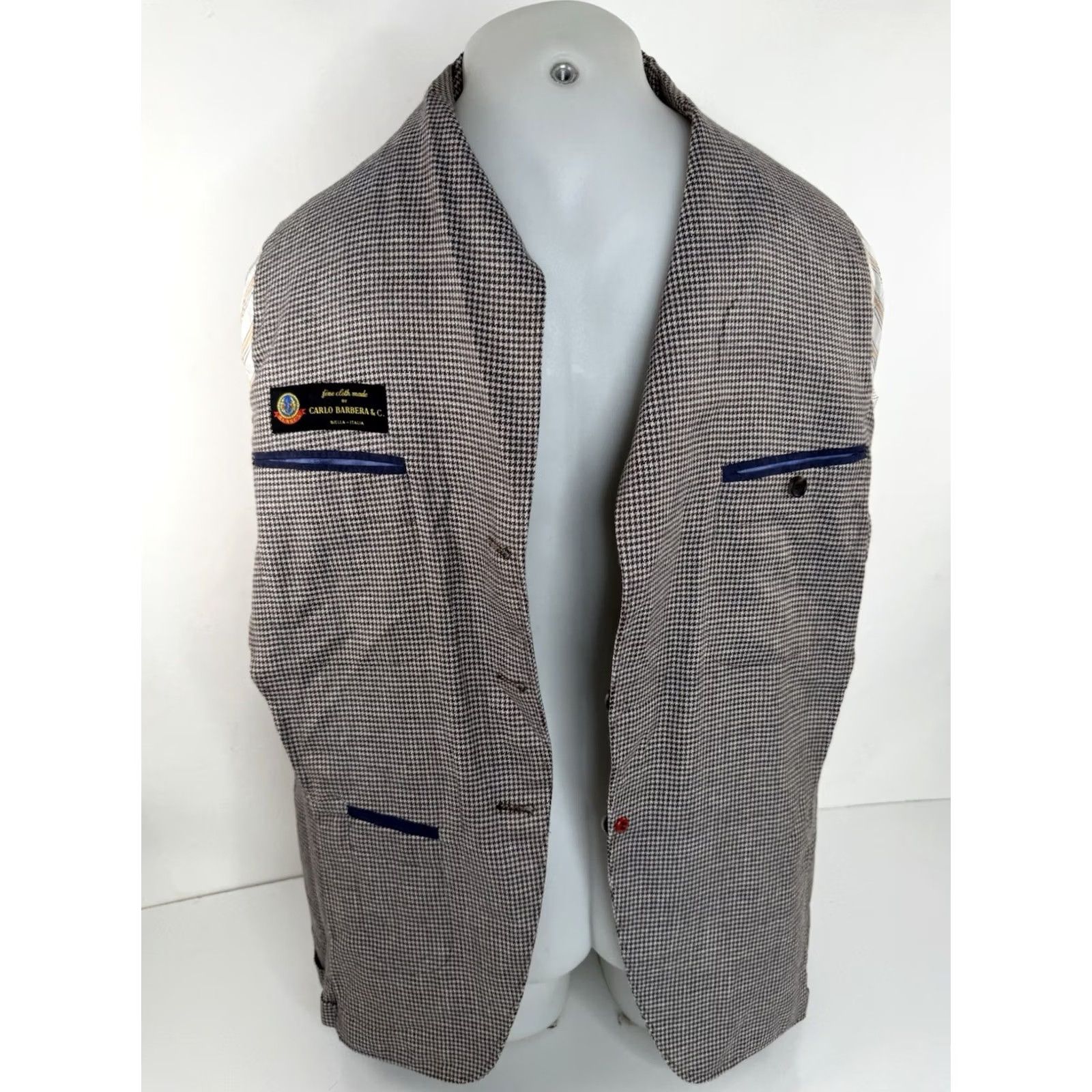 Vintage LUCIANO BARBERA Blazer Jacket / Houndstooth Cashmere Linen Silk US 42 Three-Button Brown Beige Men Blazer Mens Size 42R - 7 Thumbnail