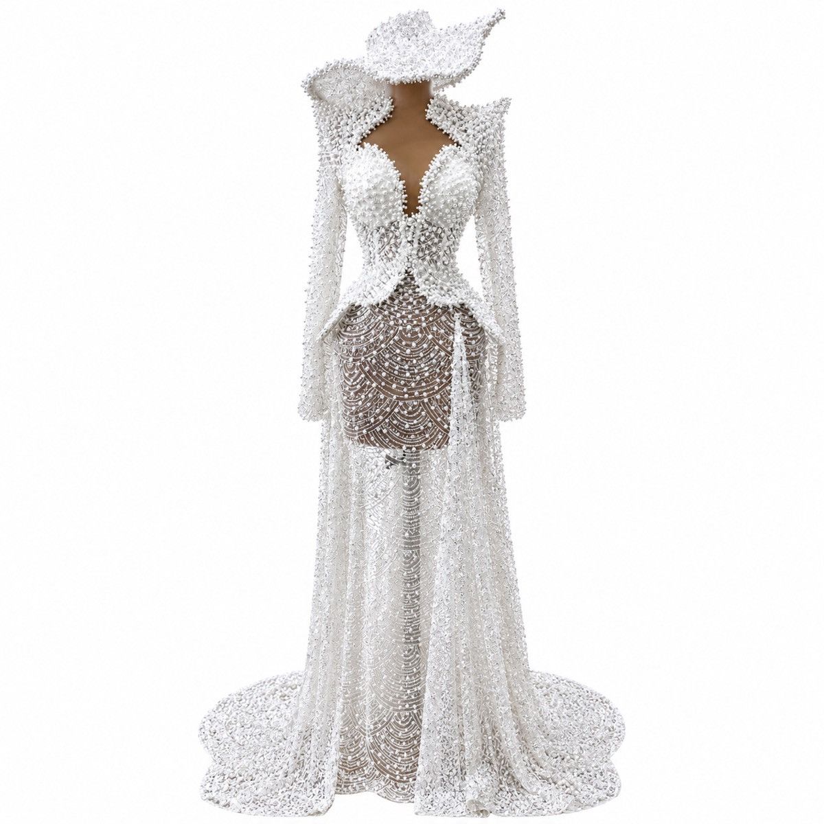 Other Luxury Pearl Gown & Crystal Hat Custom Made Haute Couture Size L / US 10 / IT 46 - 3 Thumbnail