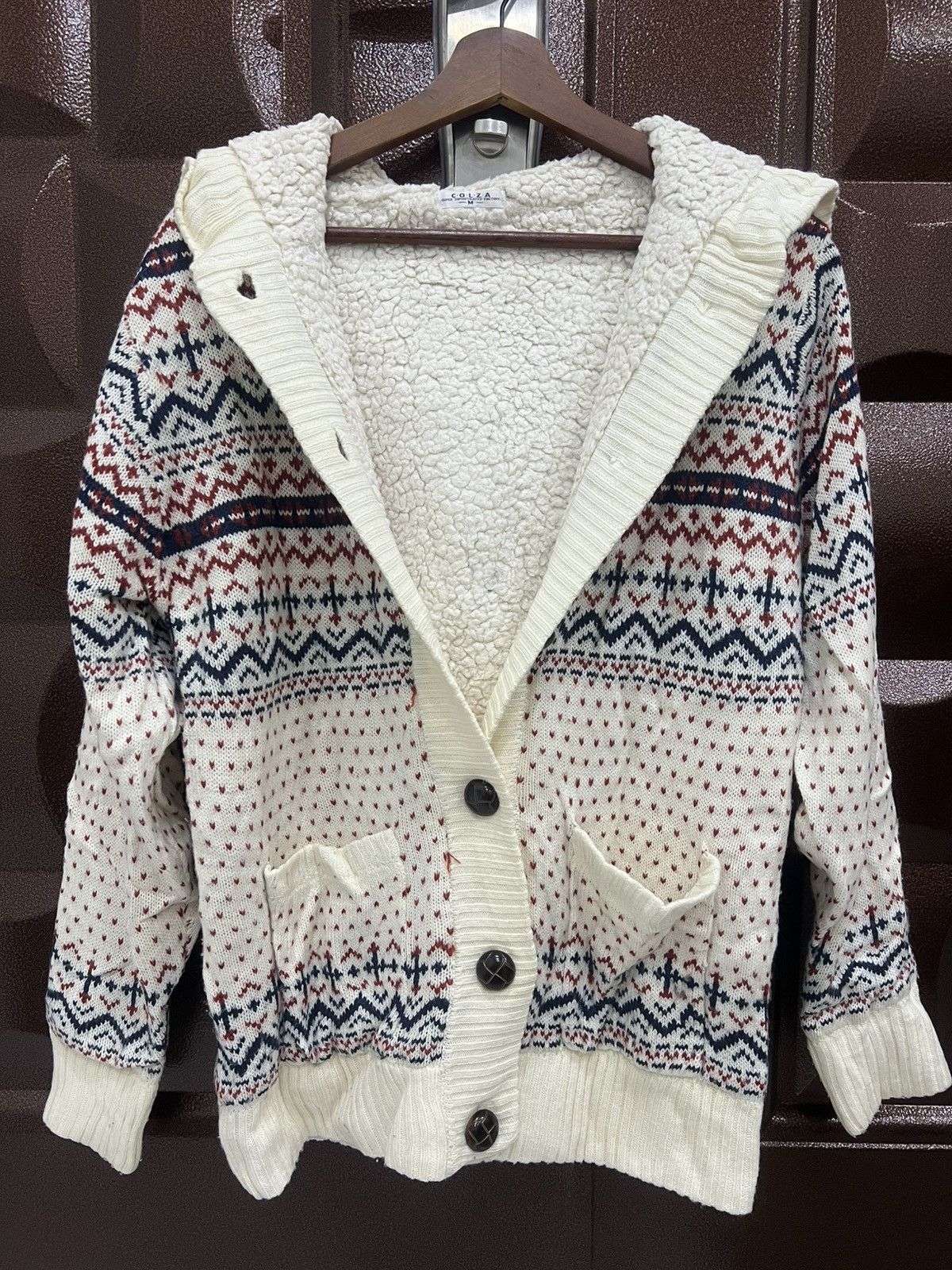 Japanese Brand COLZA Fair Isle Nordic Snowflake Button Up Sweater with Hood Size US M / EU 48-50 / 2 - 7 Thumbnail