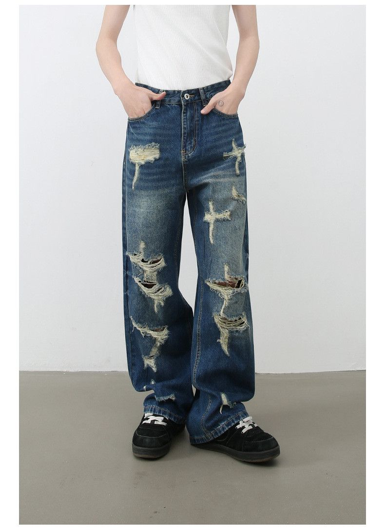 Japanese Brand × Jean American high street retro loose straight-leg ripped jeans Size US 32 / EU 48 - 3 Thumbnail