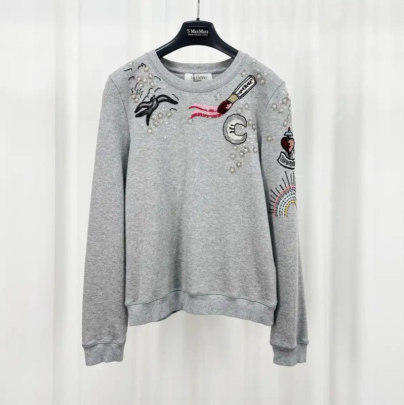 Valentino Valentino Gray Cotton Embroidered Long Sleeve Sweatshirt 0089 Size S / US 4 / IT 40 - 1 Thumbnail