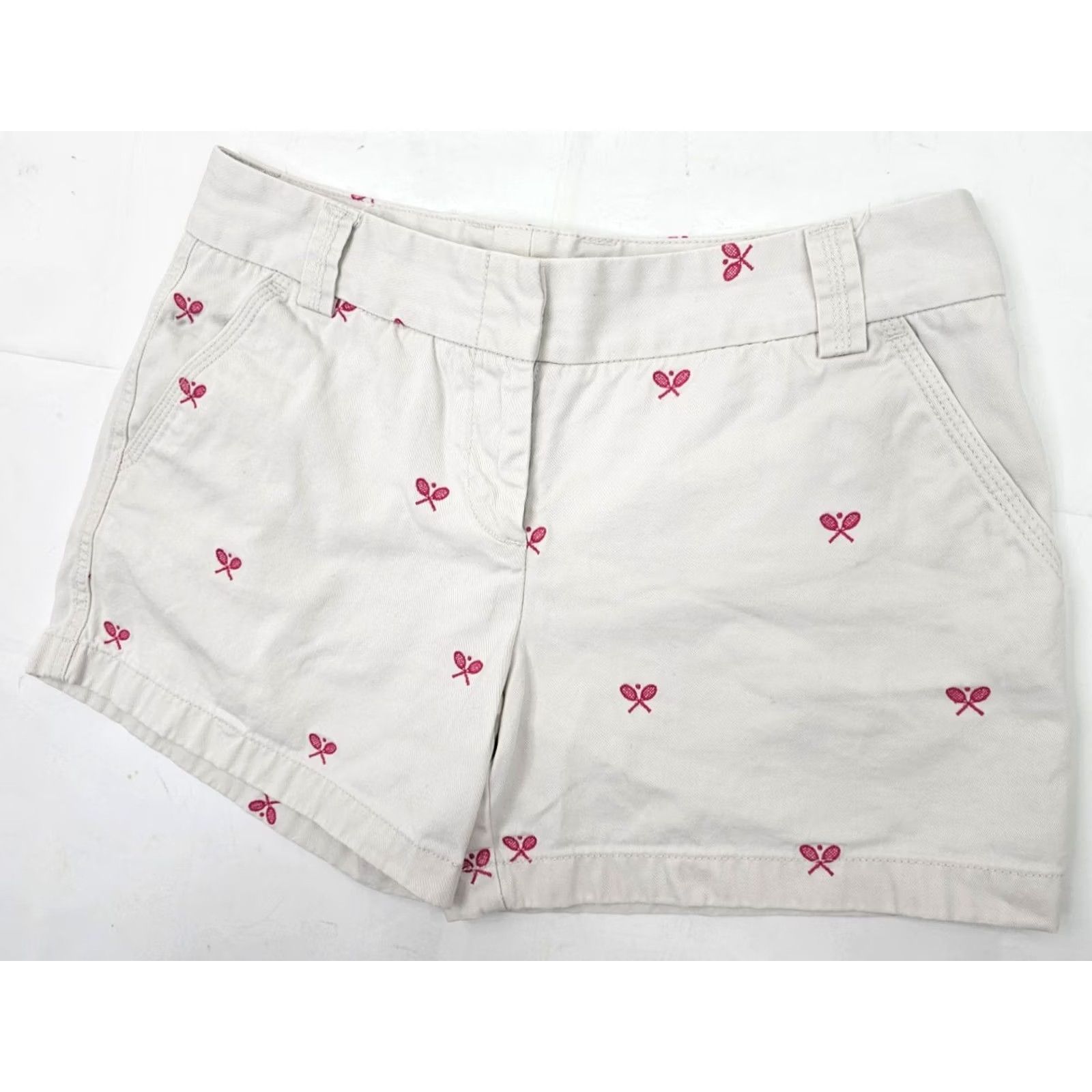 J.Crew J.CREW Chino City Fit Shorts Women 8 Ivory Pink Tennis Embroidery EUC - 32" Waist 4.5" Inseam Size 30" / US 8 / IT 44 - 2 Thumbnail