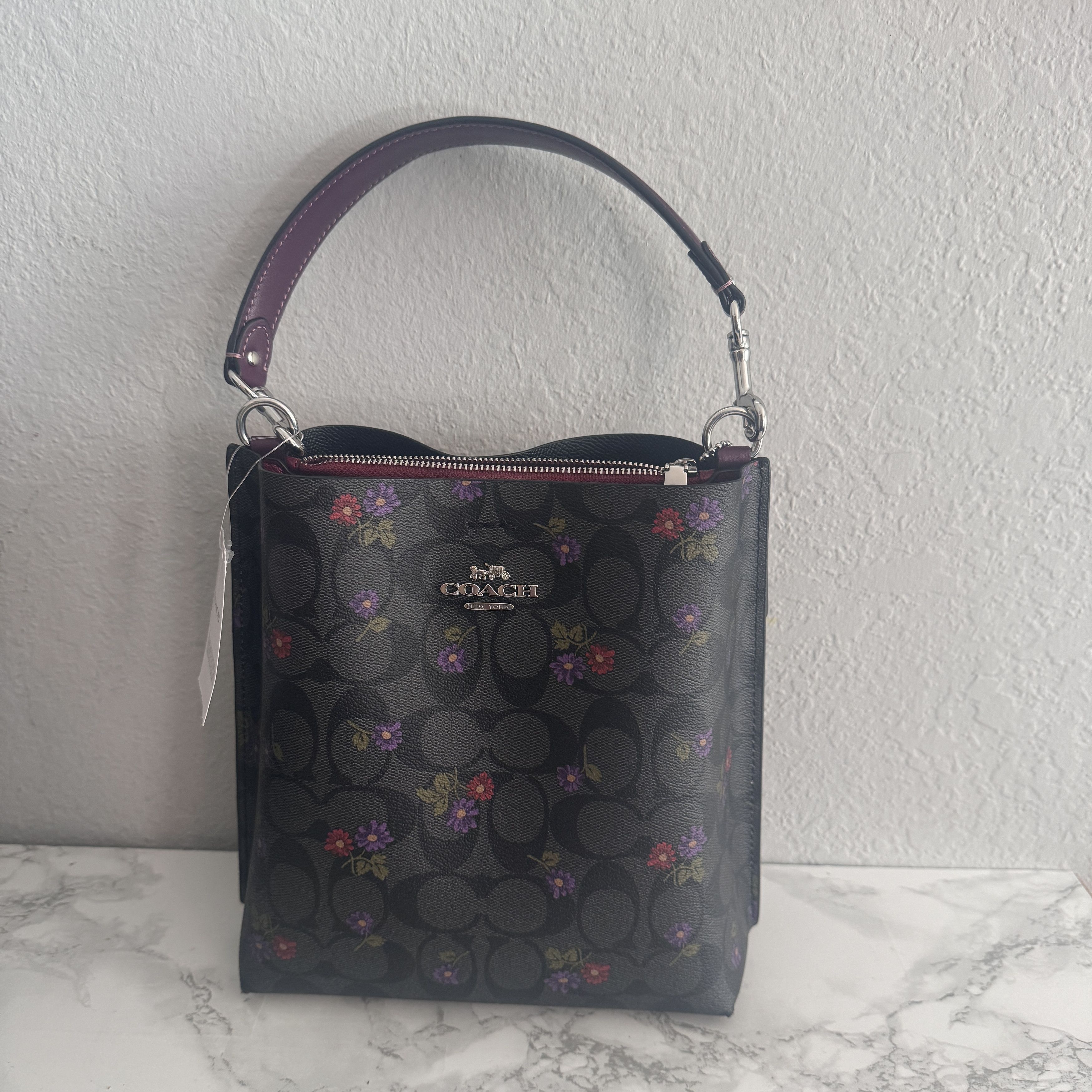 image of Coach Mollie Bucket Bag 22 With Country Floral Print Cn144 in Silver/Graphite/Deep Berry, Women's