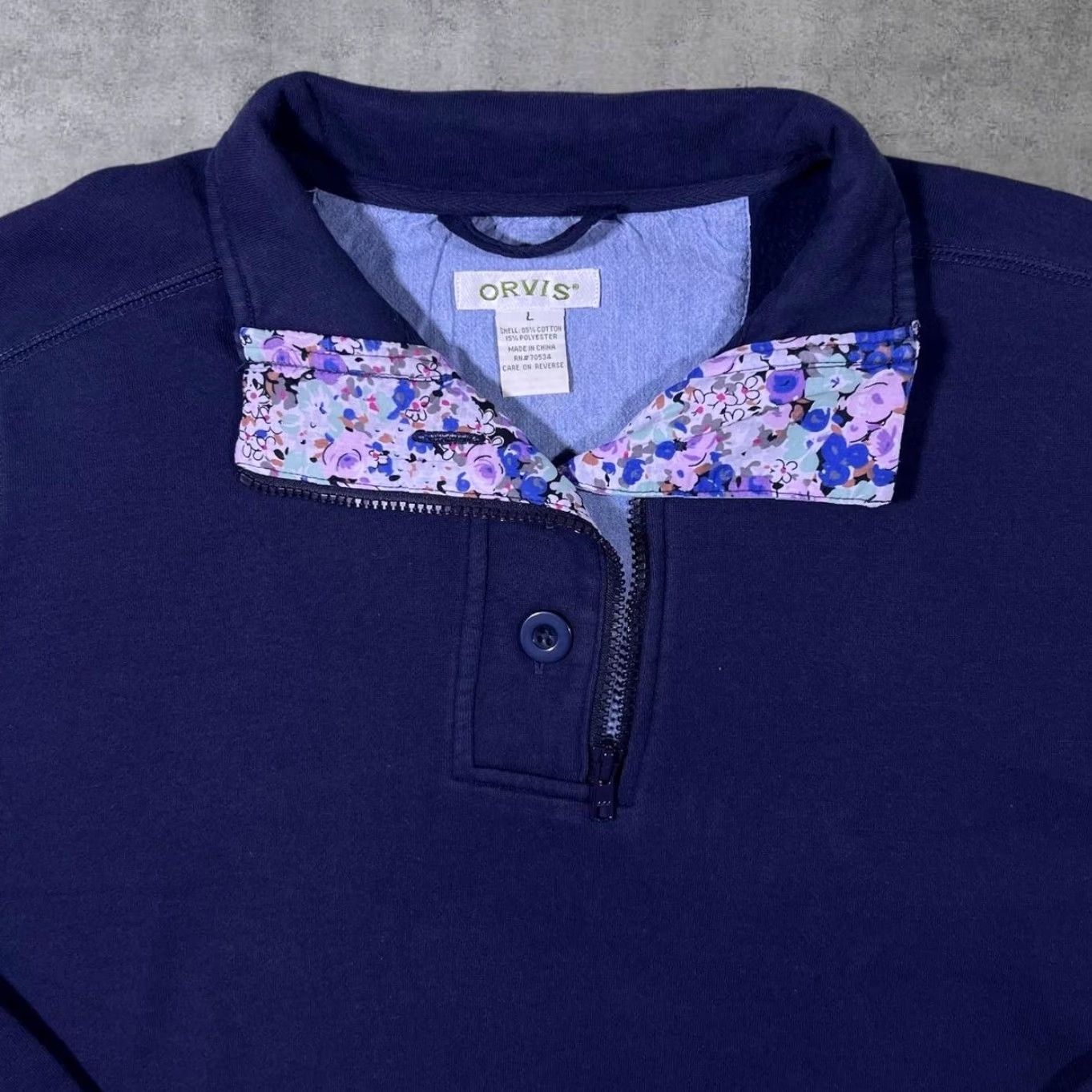 Orvis Orvis Navy Floral 1/4 Zip Button Pullover Sweatshirt Women Large Size L / US 10 / IT 46 - 3 Thumbnail