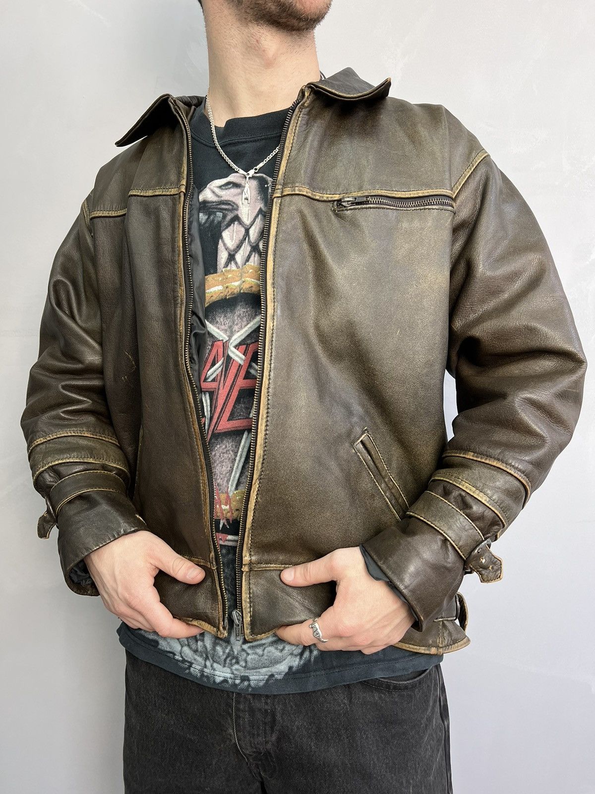 Vintage Vintage Brown avant garde genuine leather bomber jacket Size US M / EU 48-50 / 2 - 2 Thumbnail