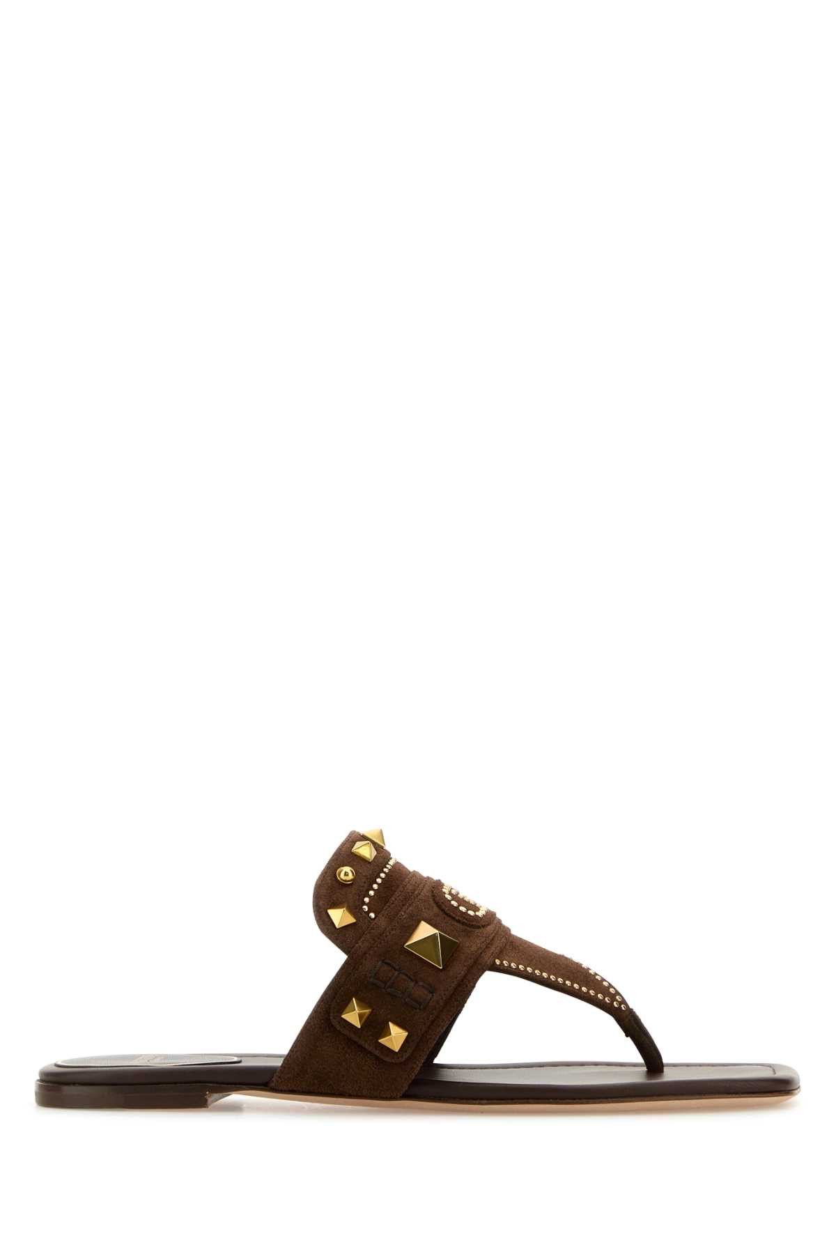 【VALENTINO】Suede Plaster Caster Thong Slippers ブラウン Plaster Caster studded suede thong sandals in brown