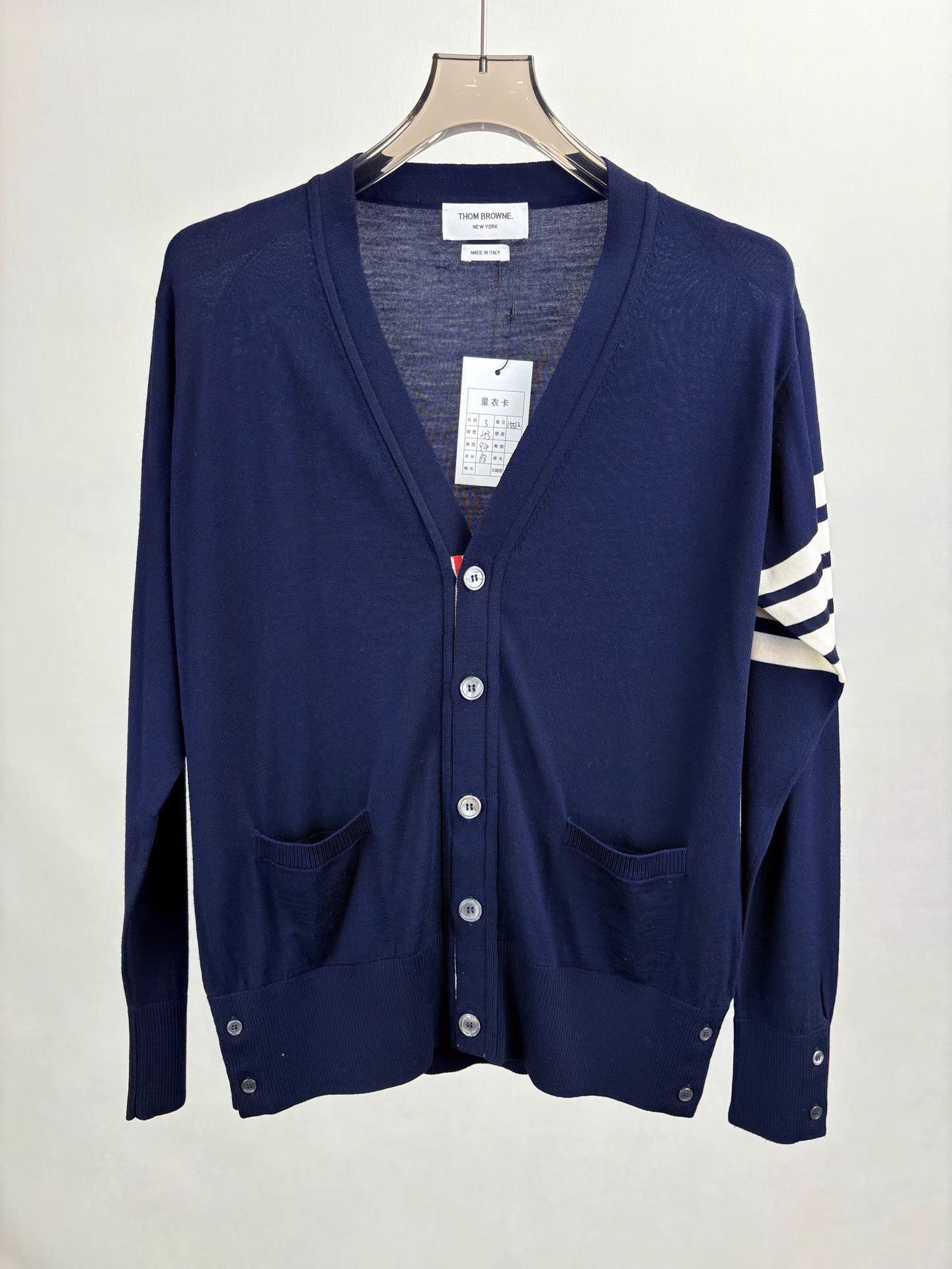 THOM BROWNE Four-Bar Navy Wool Cardigan