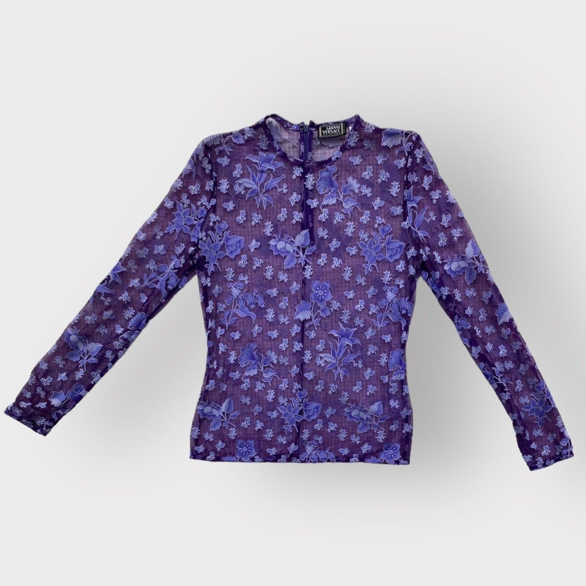 image of Gianni Versace x Versace Vintage 90’S Floral Sheer Mesh Blouse in Purple, Women's (Size Small)