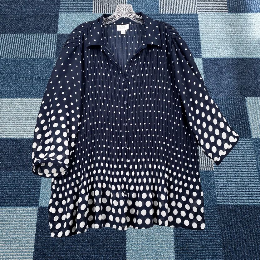 Vintage Only Necessities Women L Large Blue Tunic Polka Dot Button Up Pleated Blouse Size L / US 10 / IT 46 - 1 Thumbnail