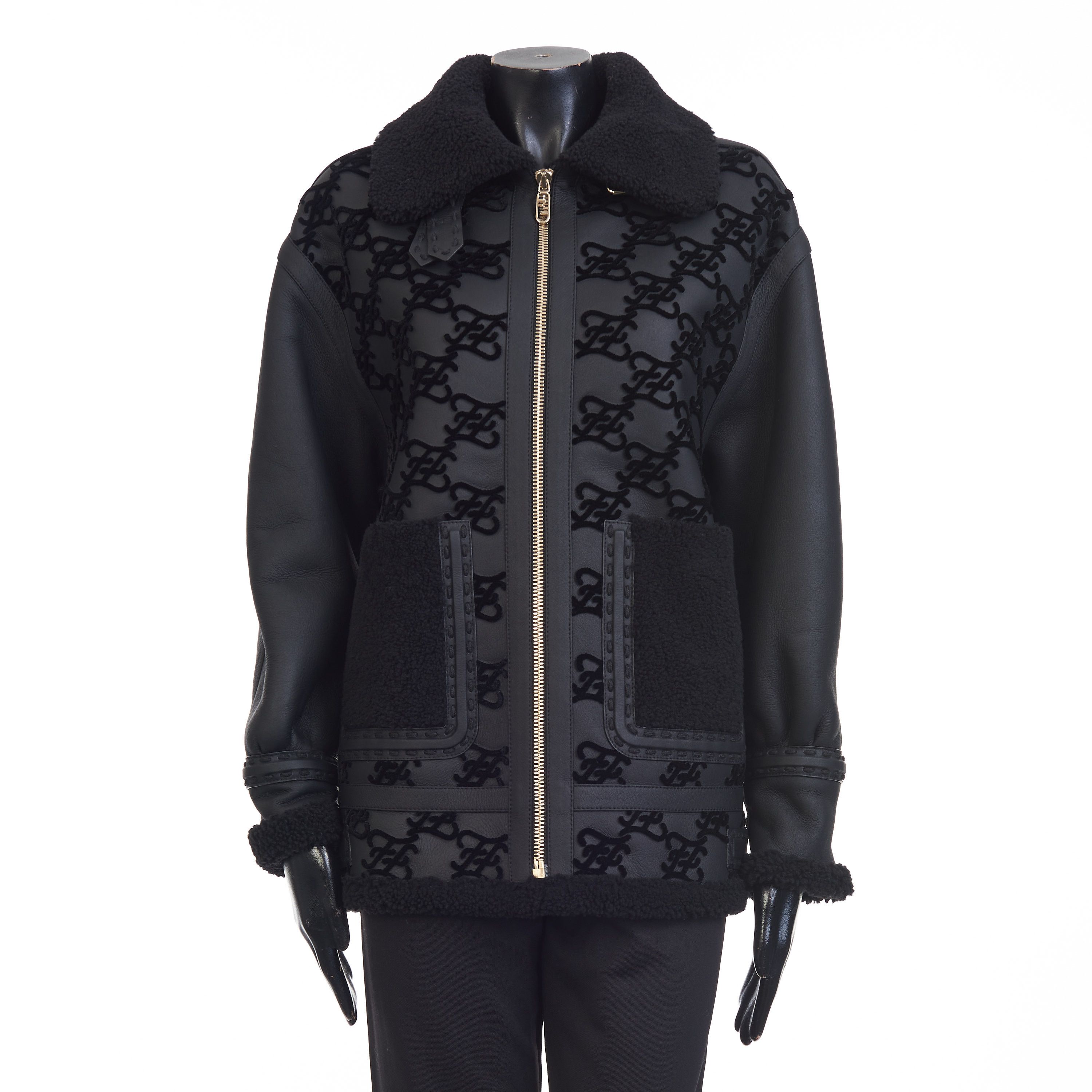 Fendi Black Shearling Jacket - Aviator Style, FF Karligraphy Motif Size M / US 6-8 / IT 42-44 - 2 Thumbnail