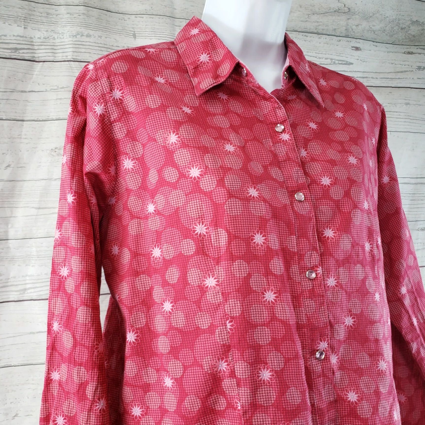 Pinko Twenty X Womens Shirt Large Pink Floral Rhinestone Snap Buttons Long Sleeve Button-Up Thanksgiving 90s Mens? Size L / US 10 / IT 46 - 2 Thumbnail