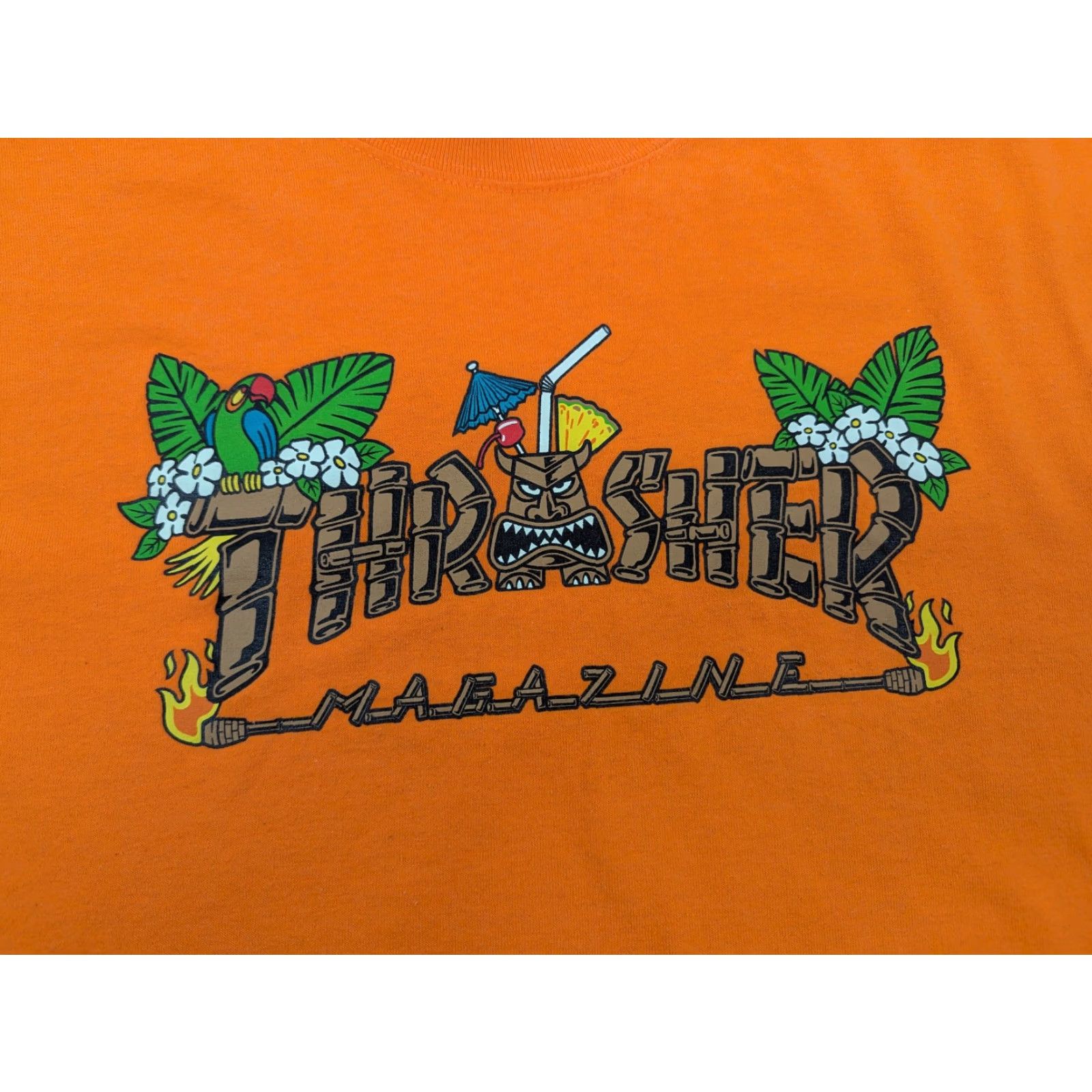 Thrasher VINTAGE Thrasher Shirt Mens Large Orange Neon Tiki Hawaiian Tropical Luau Graphic Print Short Sleeve Crew Neck Cotton Jersey Size US XS / EU 42 / 0 - 3 Thumbnail