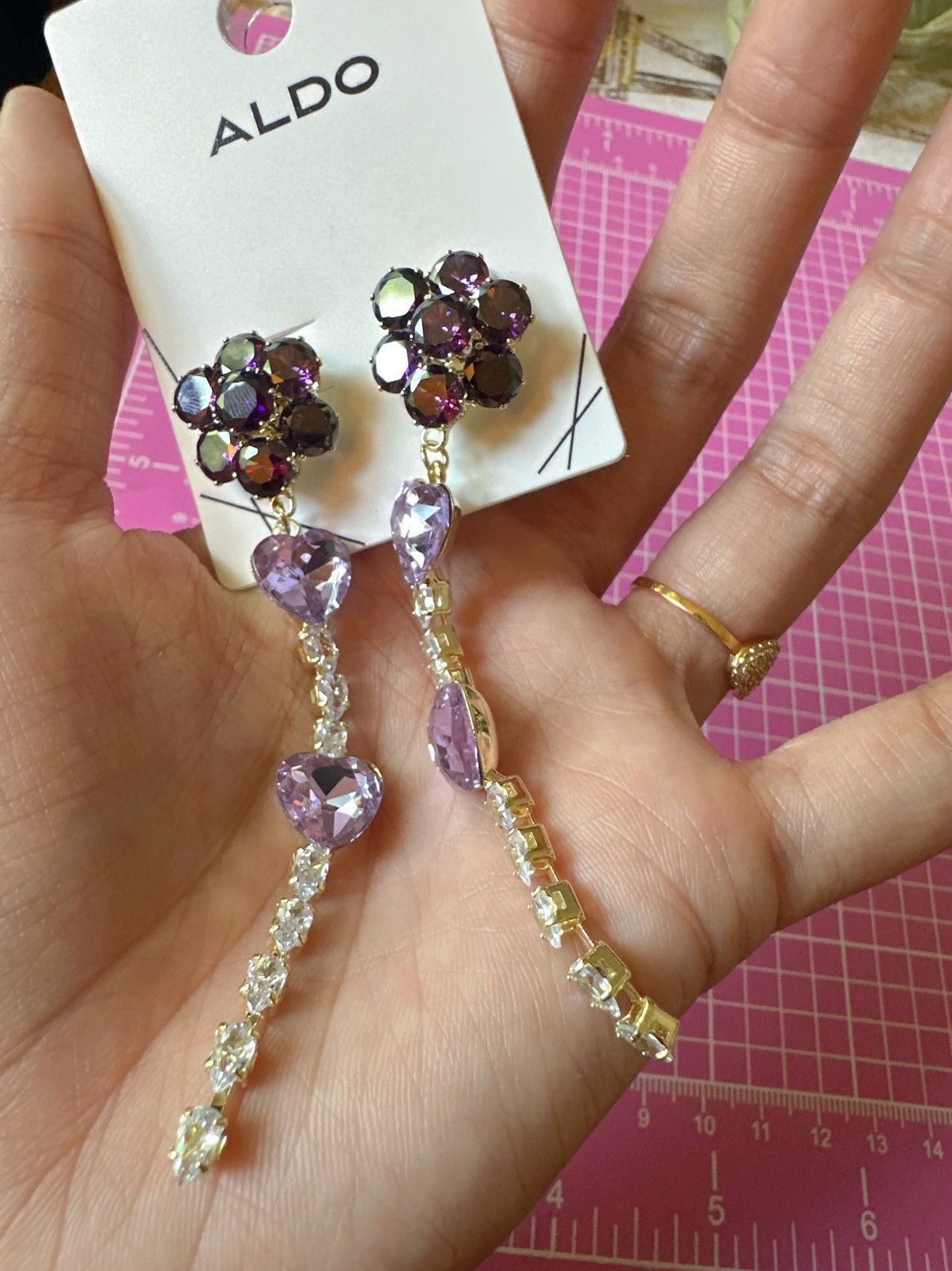 Aldo Aldo earrings gold tone purple heart crystal diamond paved Size ONE SIZE - 2 Thumbnail