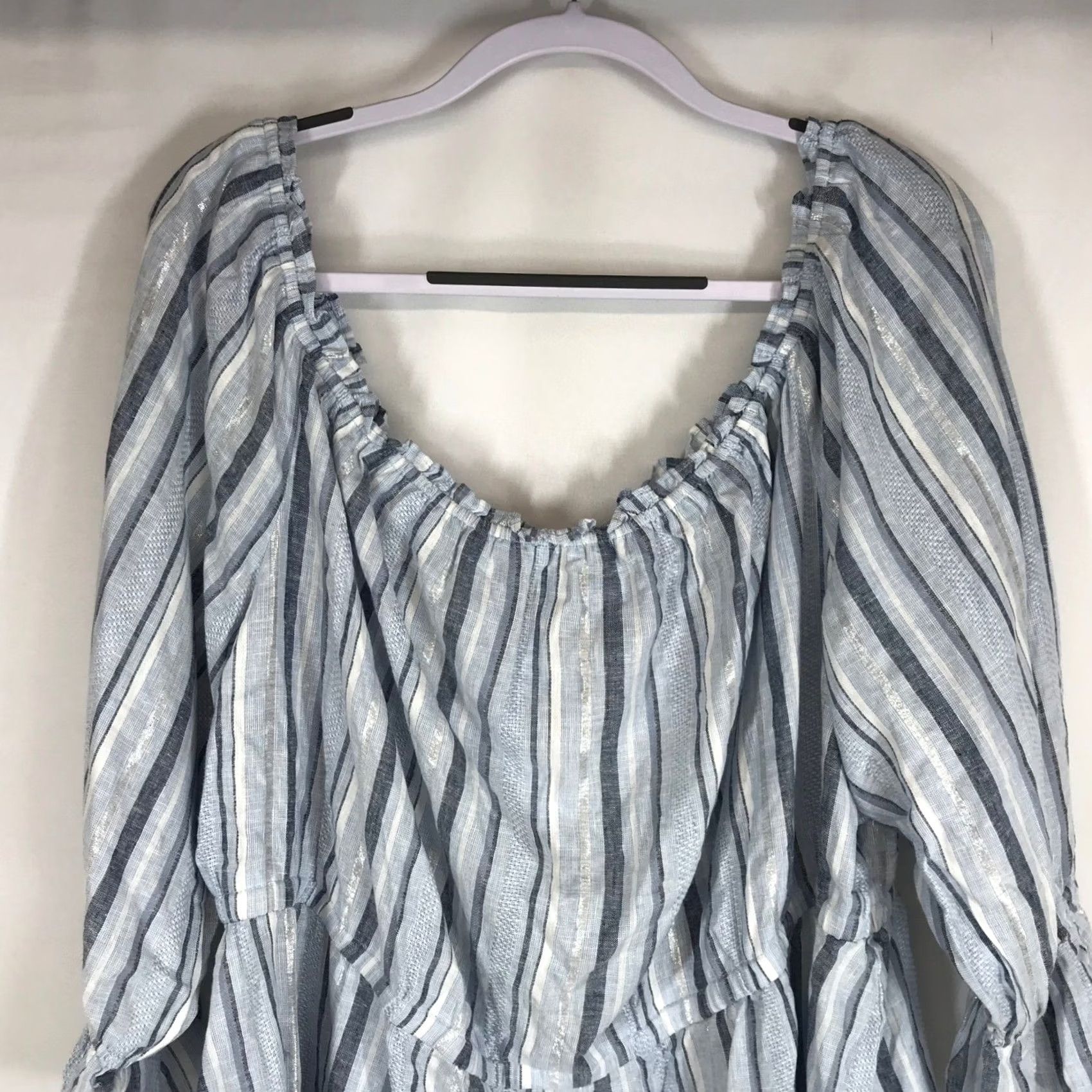 Vintage VINTAGE Lane Bryant Blue Striped Off Shoulder Ruffle Sleeve Top Plus Size 26/28 Size 4XL / US 24-26 - 2 Thumbnail