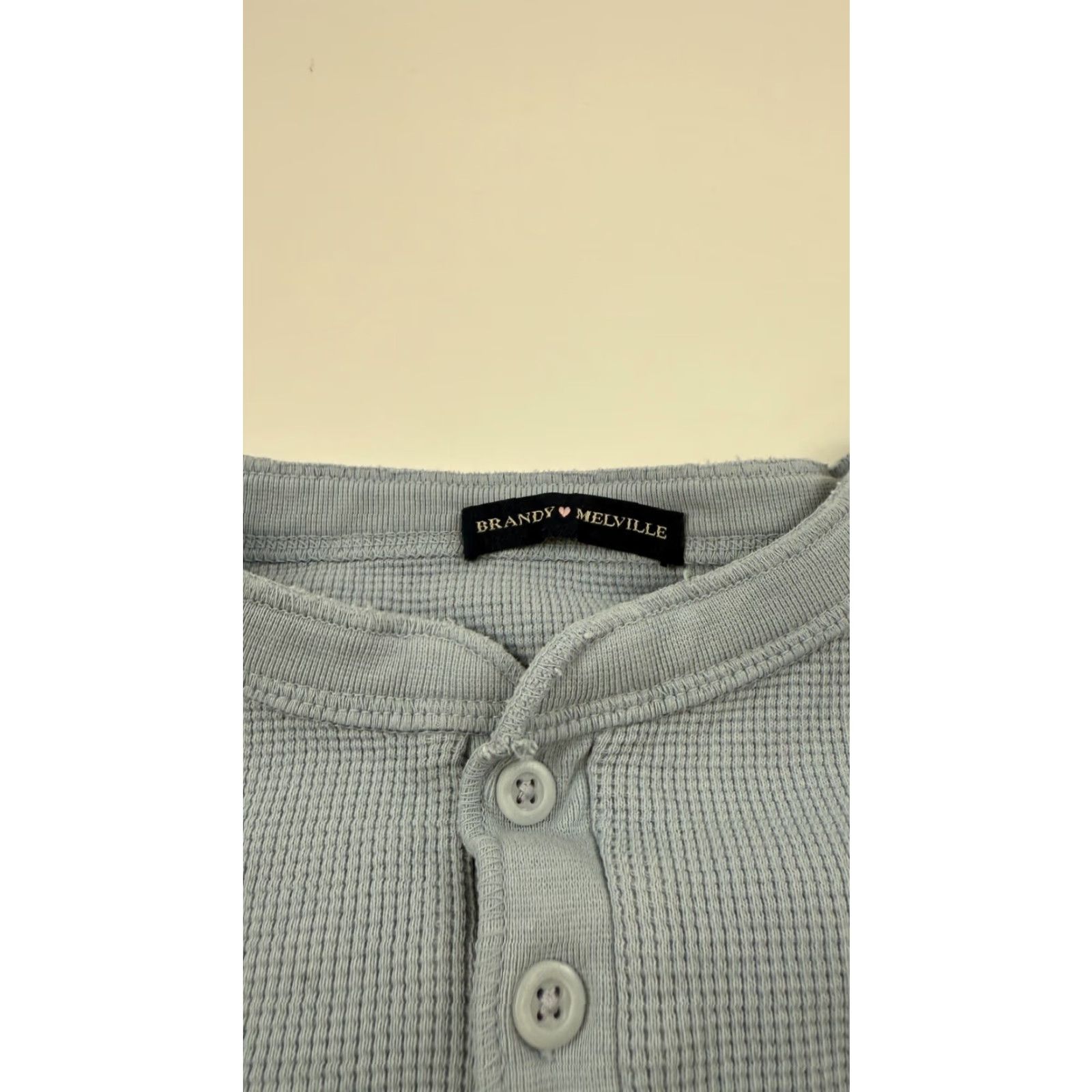 Brandy Melville Brandy Melville Shirt Womens OS Blue Cropped Waffle Knit Henley Ribbed Cuff Top Size ONE SIZE - 3 Thumbnail