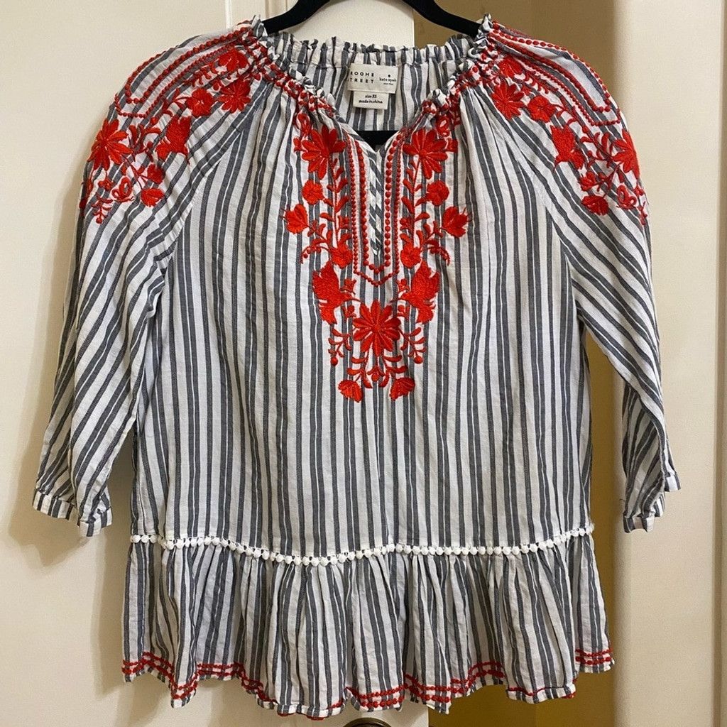 Kate Spade Kate Spade Broome Street Embroidered and Striped Peasant Top Size XS / US 0-2 / IT 36-38 - 2 Thumbnail