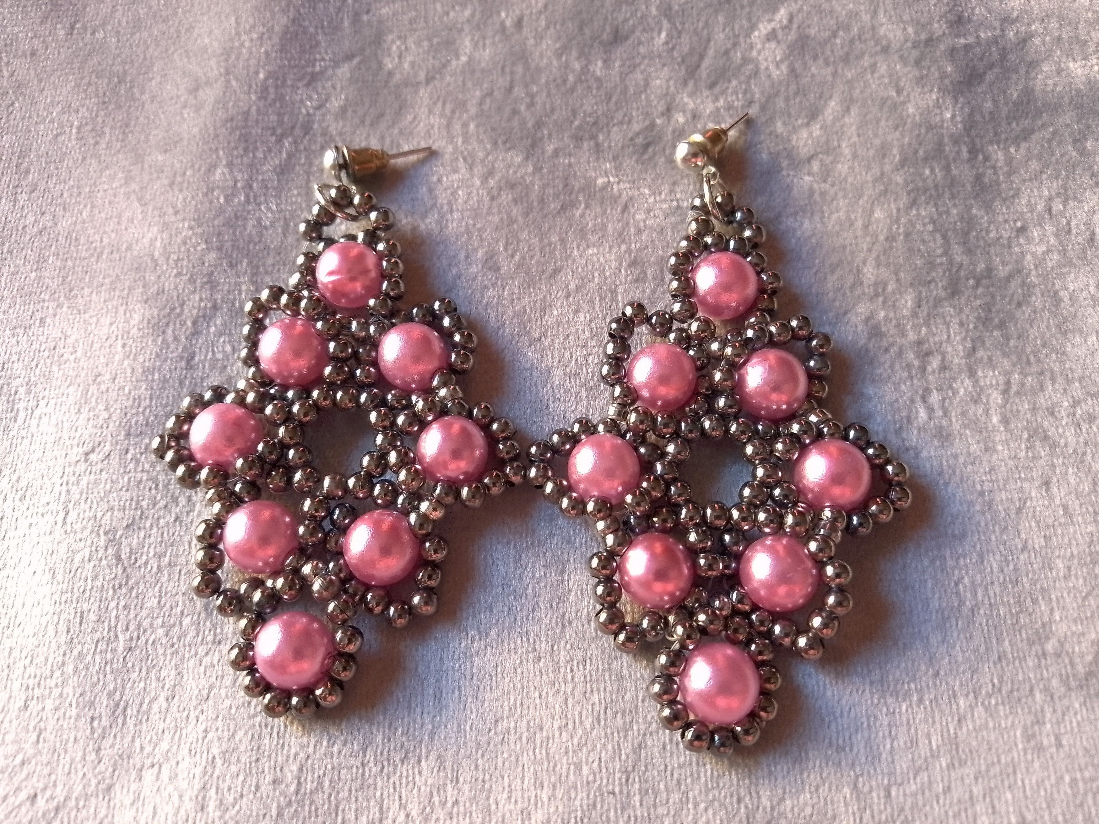 Handmade Earrings Long Flower Shape Pink Pearls Brass Size ONE SIZE - 4 Thumbnail